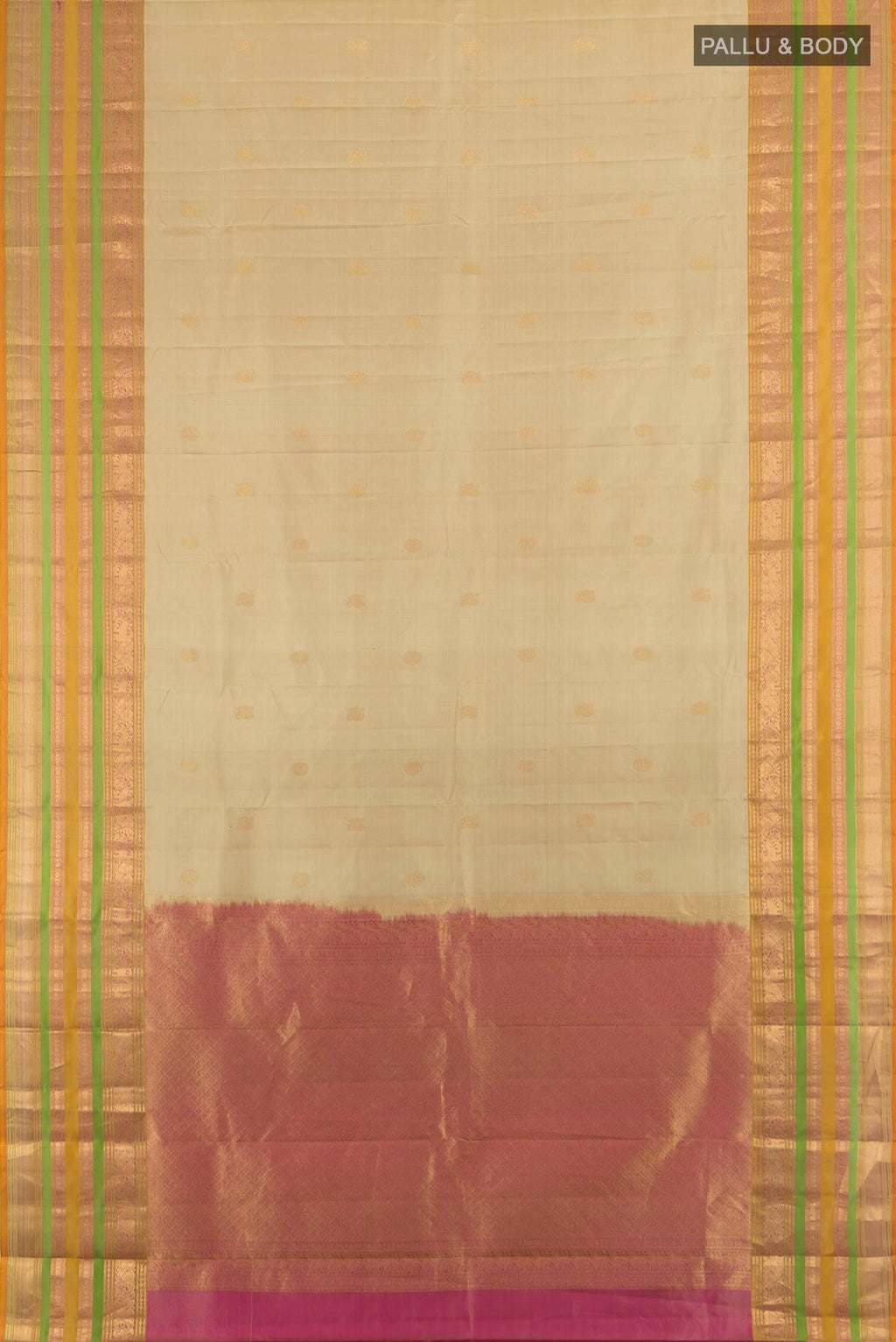 Flat view of Pure Silk Beige Kanjivaram Saree with Zari Butta on the body and Zari Border. 