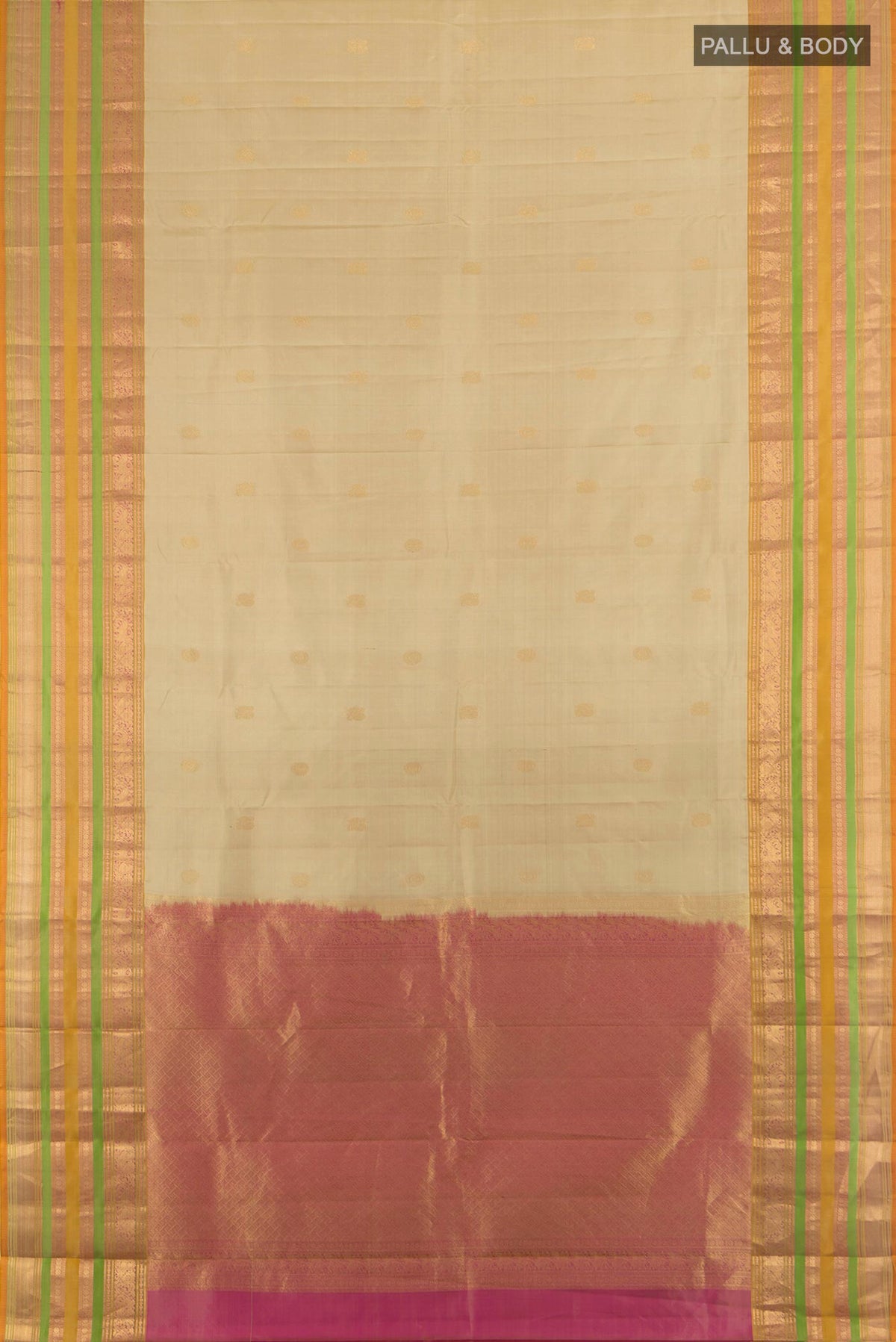 Flat view of Pure Silk Beige Kanjivaram Saree with Zari Butta on the body and Zari Border. 