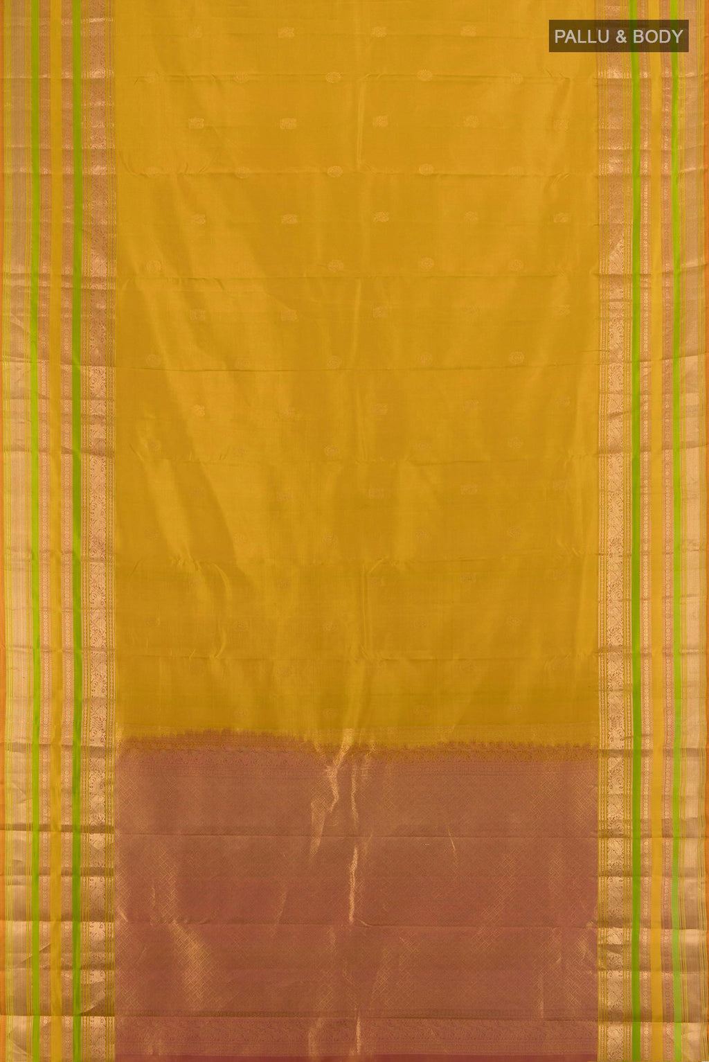 Flat view of Pure Silk Mustard Kanjivaram Saree with Zari Butta on the body and Zari Border. 