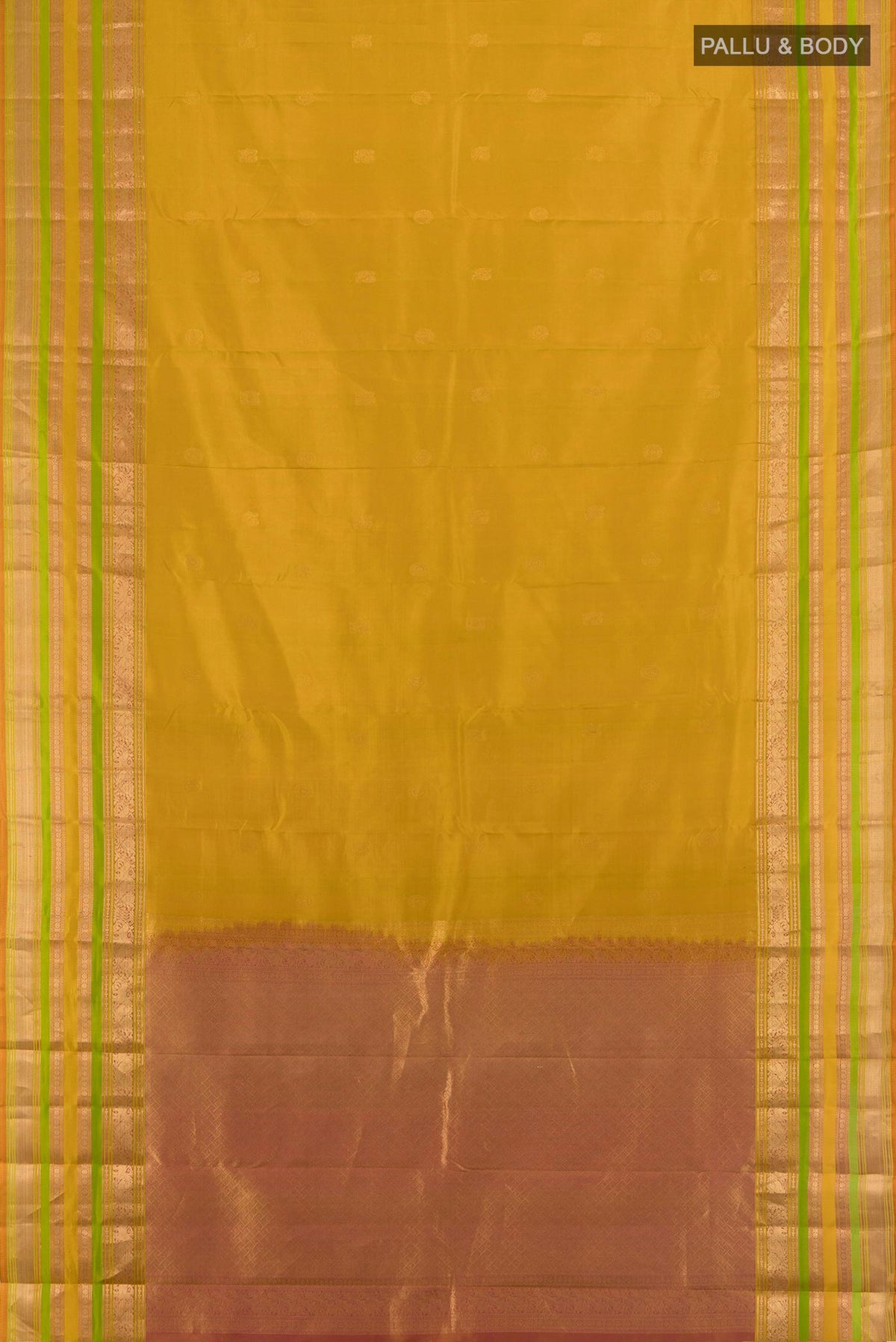 Flat view of Pure Silk Mustard Kanjivaram Saree with Zari Butta on the body and Zari Border. 