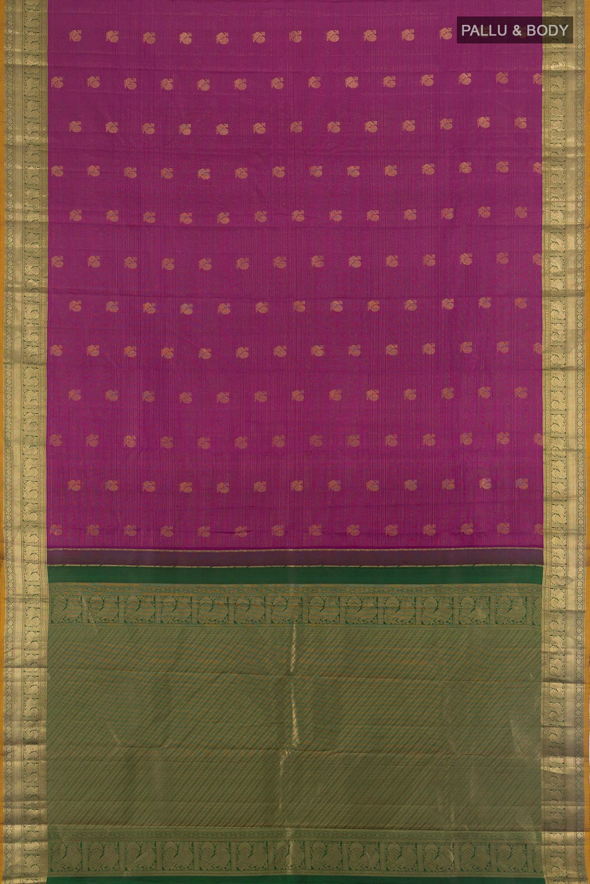 Flat view of Pure Silk Mauve Kanchipuram Saree with Zari Butta on the body and Zari Border. 