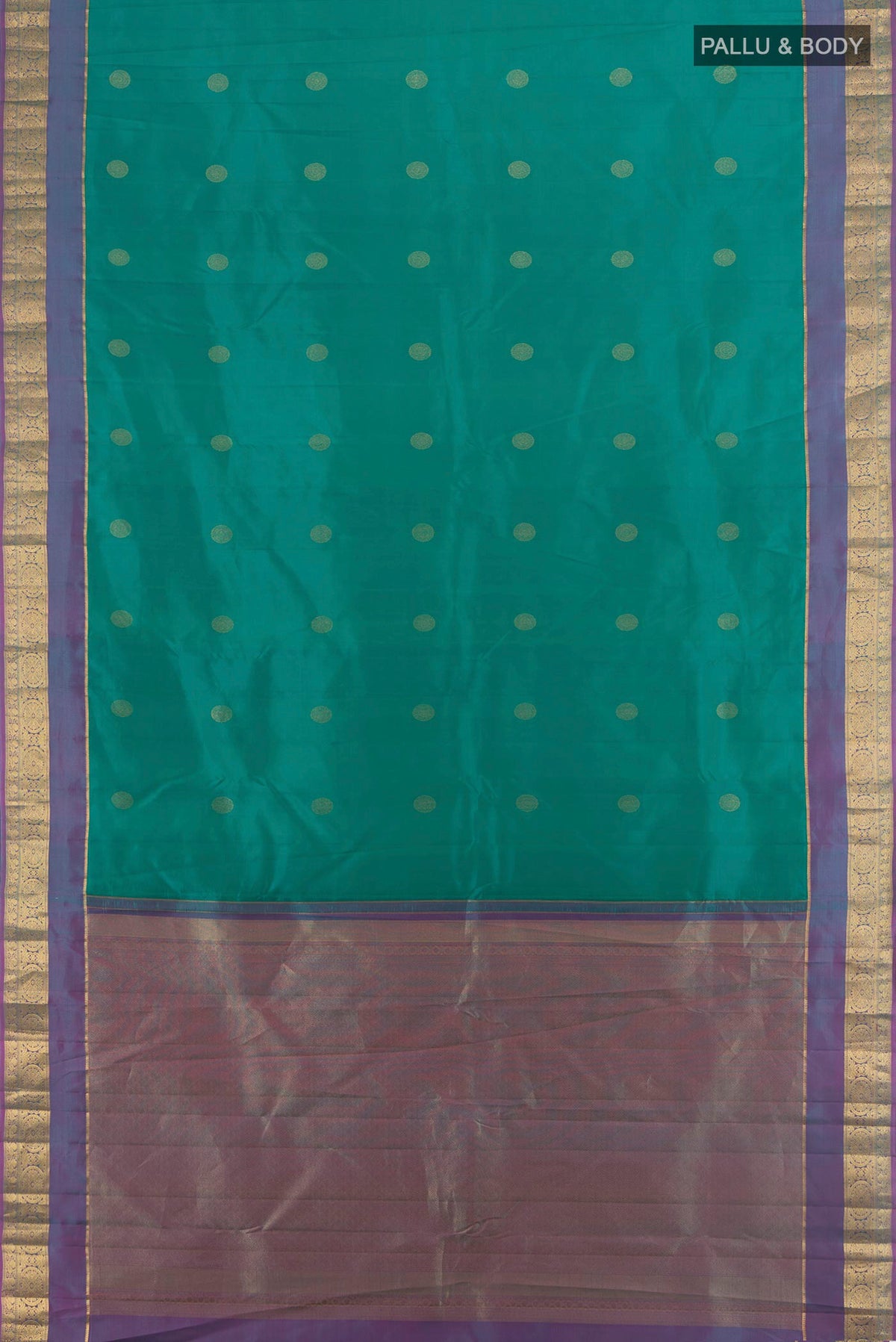 Flat view of Pure Silk Green Kanchipuram Saree with Zari Butta on the body and Zari Border. 