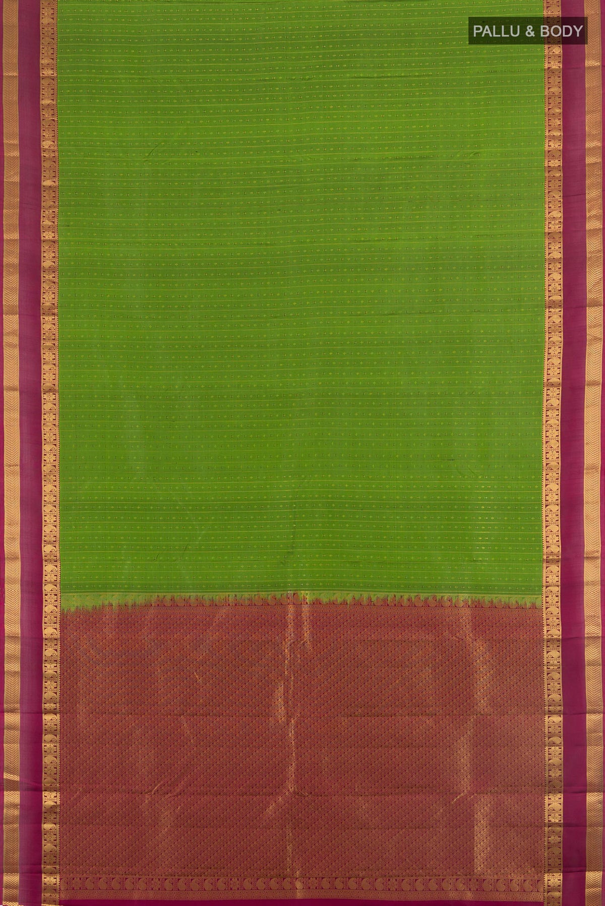 Flat view of Pure Silk Green Kanchipuram Saree with Stripes on the body and Zari Border. 