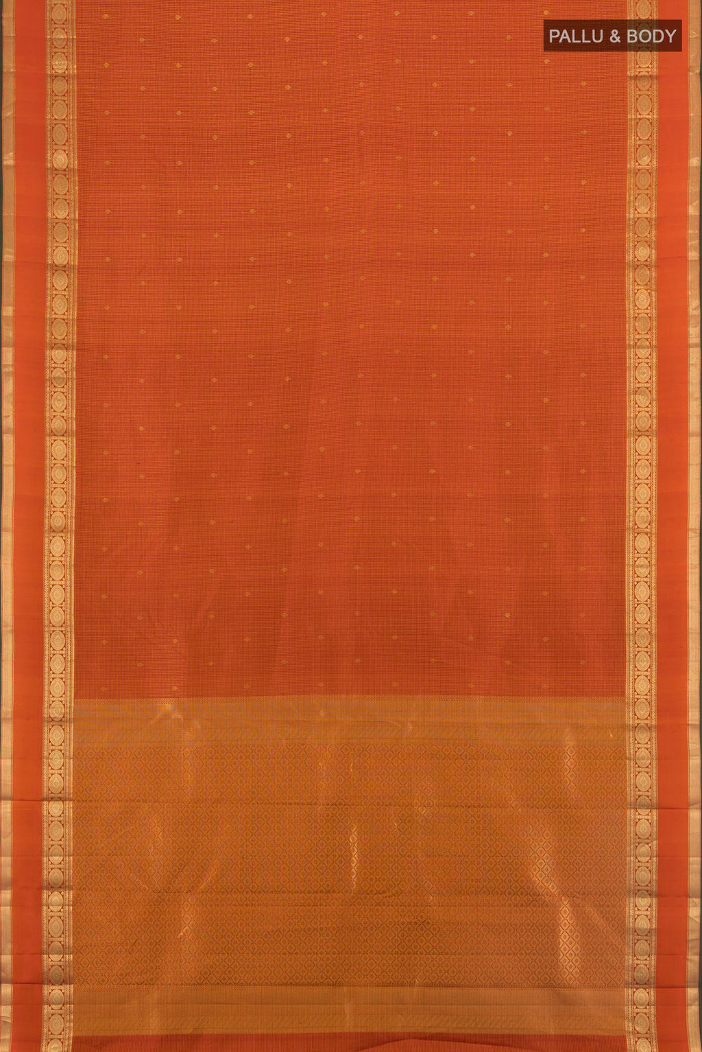 Flat view of Pure Silk Orange Kanjivaram Saree with Zari Butta on the body and Zari Border. 
