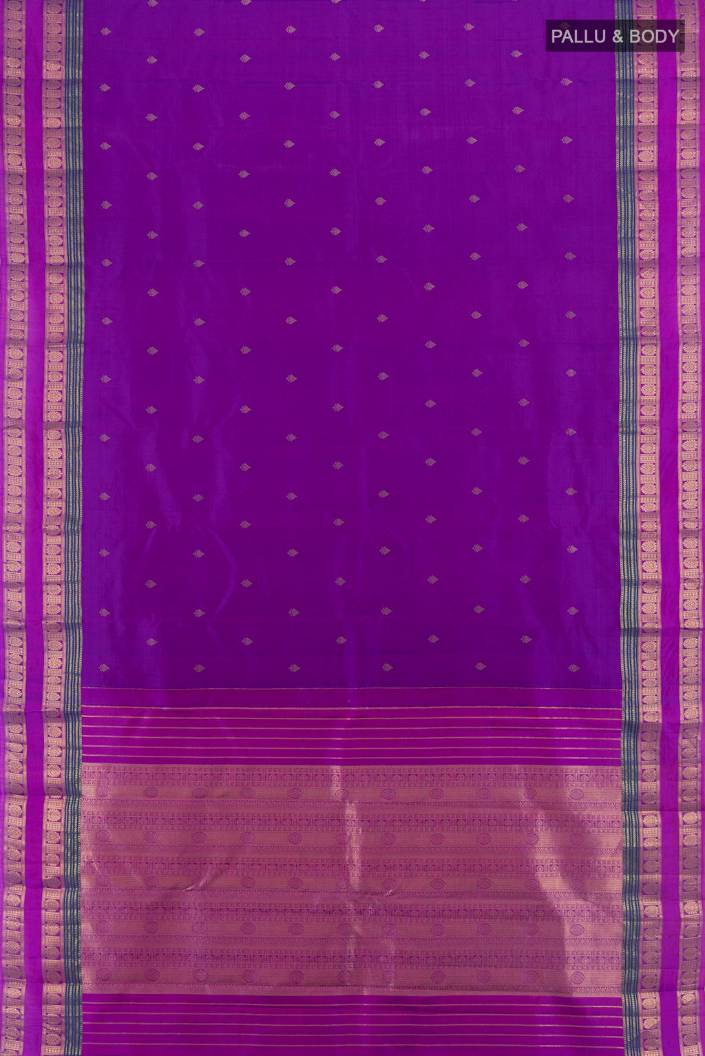 Flat view of Pure Silk Purple Kanchipuram Saree with Zari Butta on the body and Zari Border. 