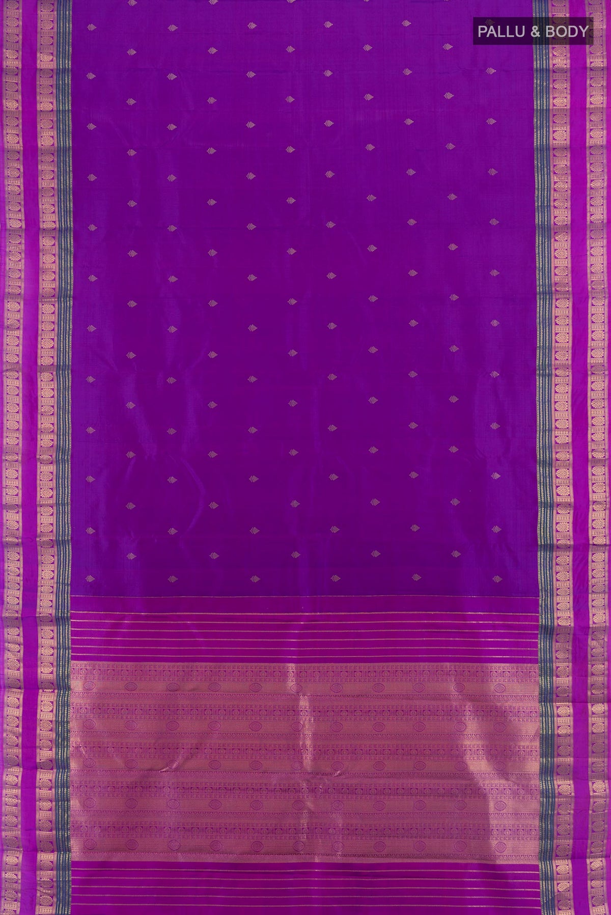 Flat view of Pure Silk Purple Kanchipuram Saree with Zari Butta on the body and Zari Border. 