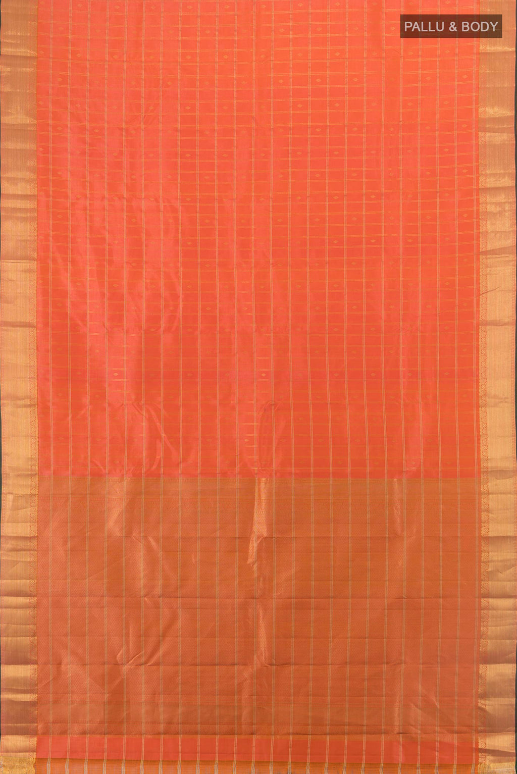 Flat view of Pure Silk Orange Kanchipuram Saree with Checked design on the body and Zari Border. 