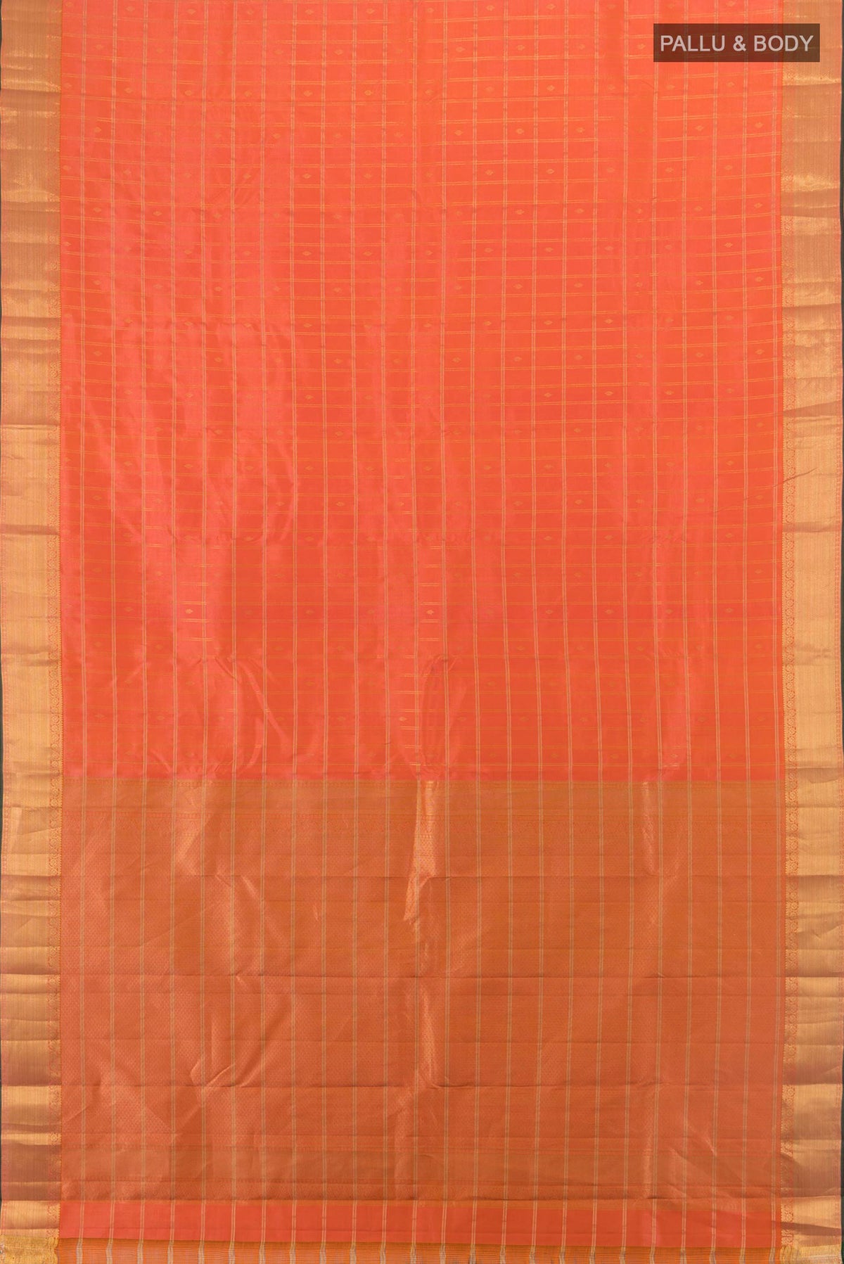 Flat view of Pure Silk Orange Kanchipuram Saree with Checked design on the body and Zari Border. 