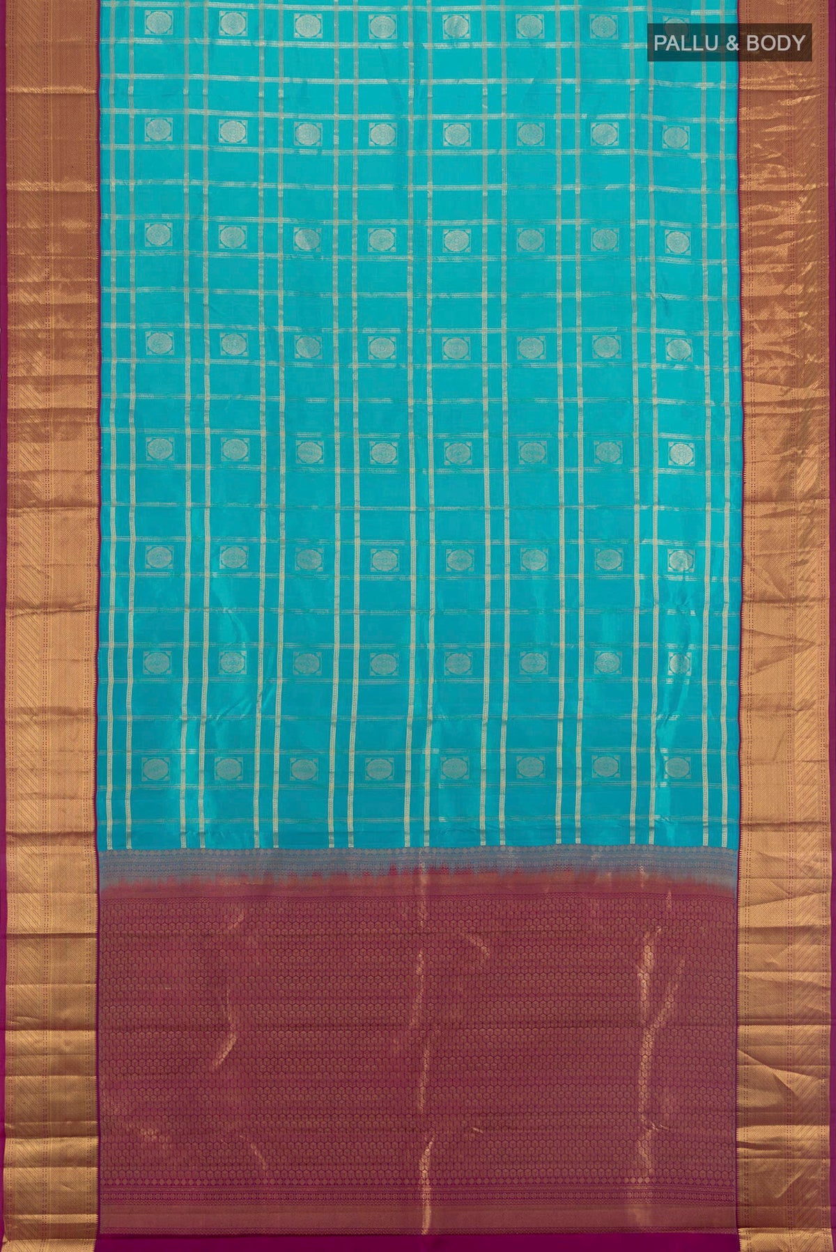 Flat view of Pure Silk Turquoise Kanchipuram Saree with Checked design on the body and Zari Border. 