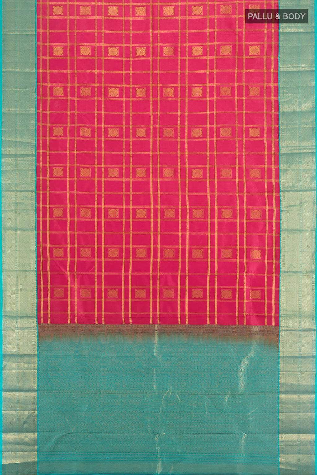 Flat view of Pure Silk Coral Kanchipuram Saree with Checked design on the body and Zari Border. 