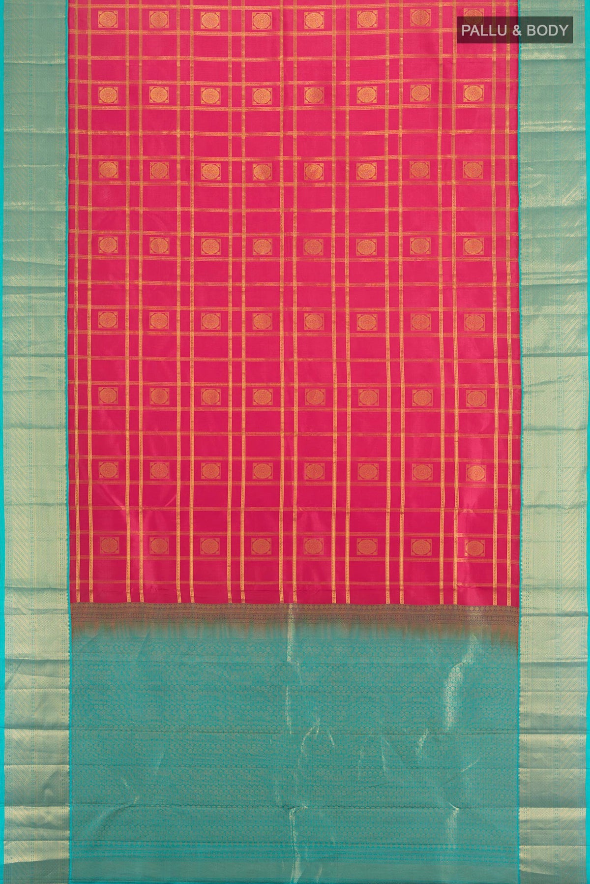 Flat view of Pure Silk Coral Kanchipuram Saree with Checked design on the body and Zari Border. 