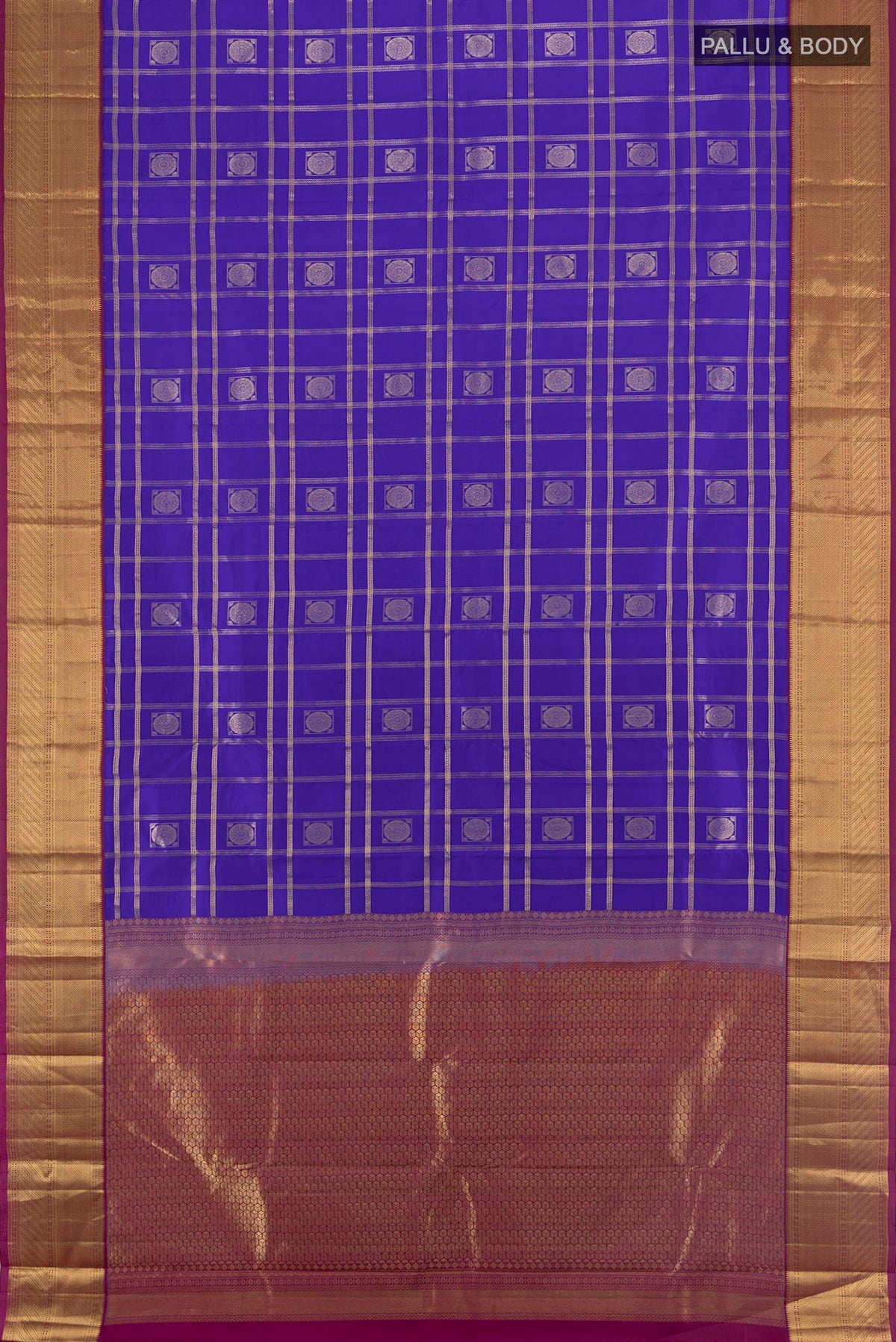 Flat view of Pure Silk Dark Blue Kanchipuram Saree with Checked design on the body and Zari Border. 