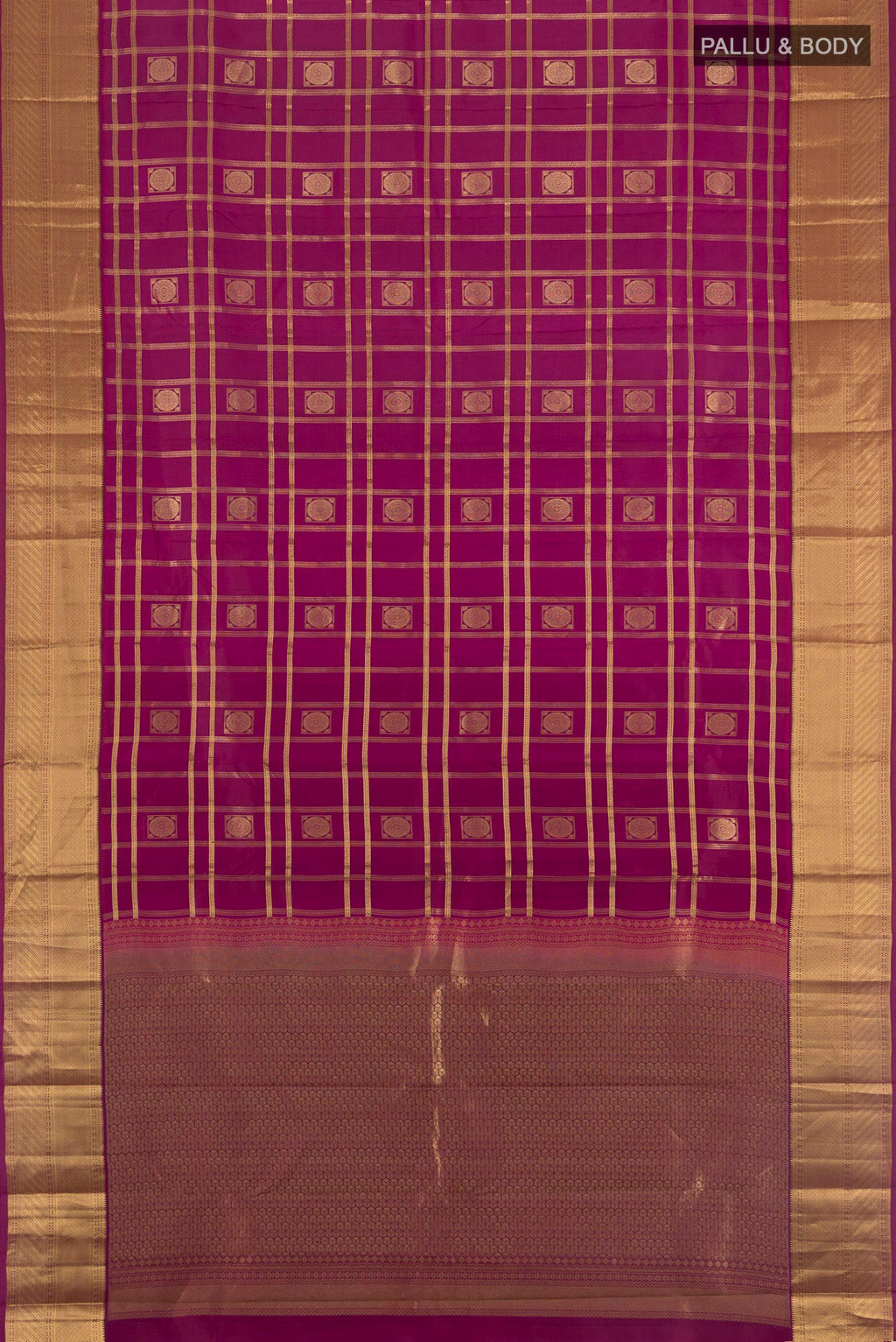 Flat view of Pure Silk Maroon Kanchipuram Saree with Checked design on the body and Zari Border. 