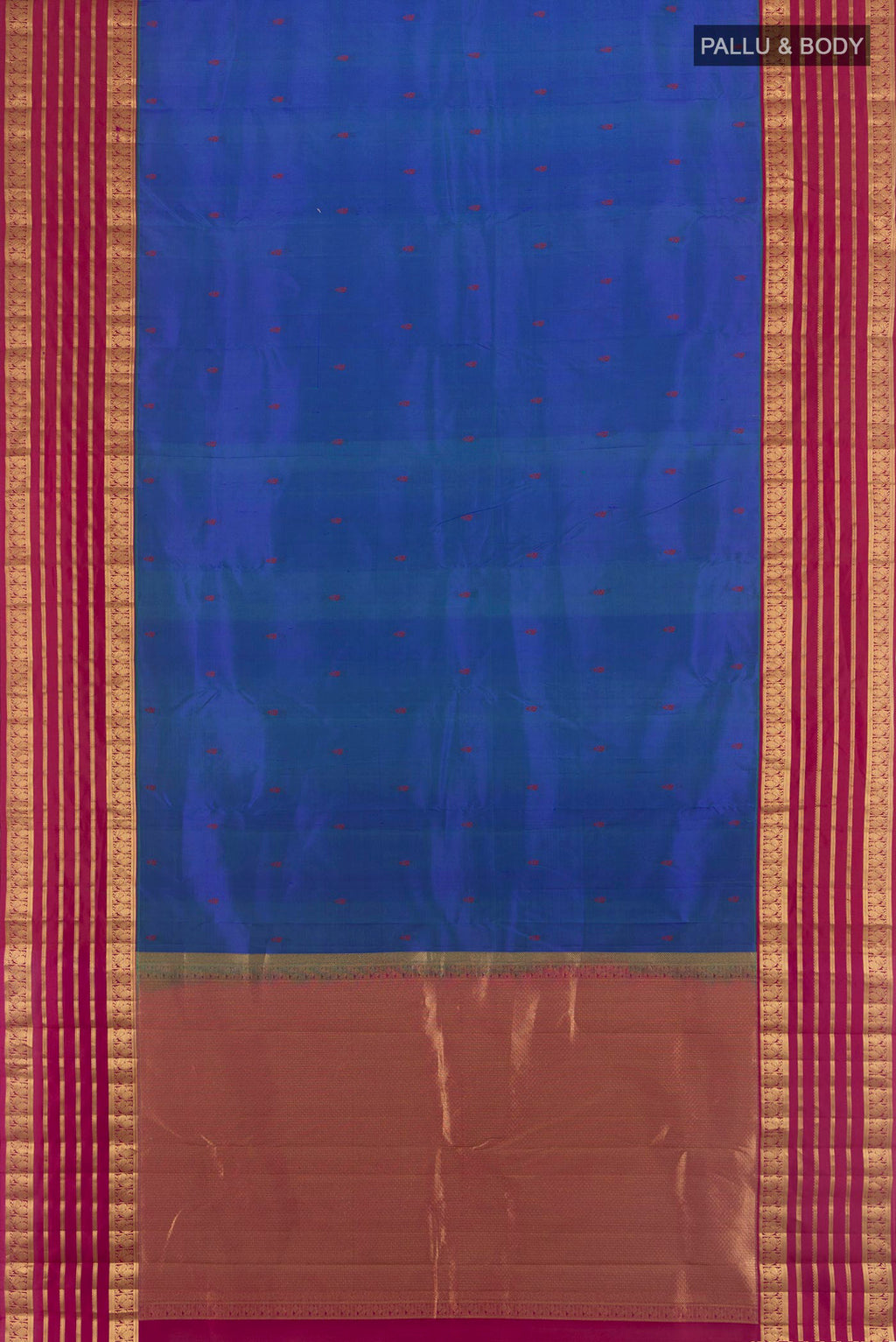 Flat view of Pure Silk Blue Kanjivaram Saree with Thread Butta on the body and Zari Border. 