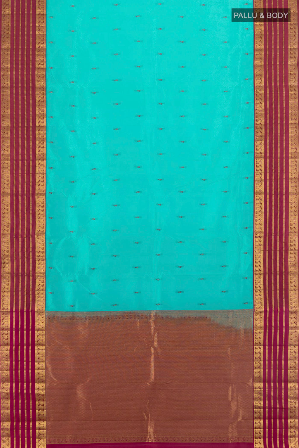 Flat view of Pure Silk Turquoise Kanjivaram Saree with Thread Butta on the body and Zari Border. 