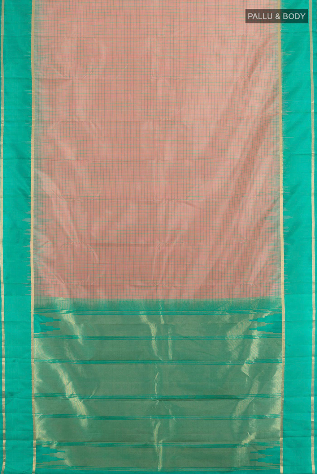 Flat view of Pure Silk Rose Gold Kanchipuram Saree with Checked design on the body and Silk Border. 