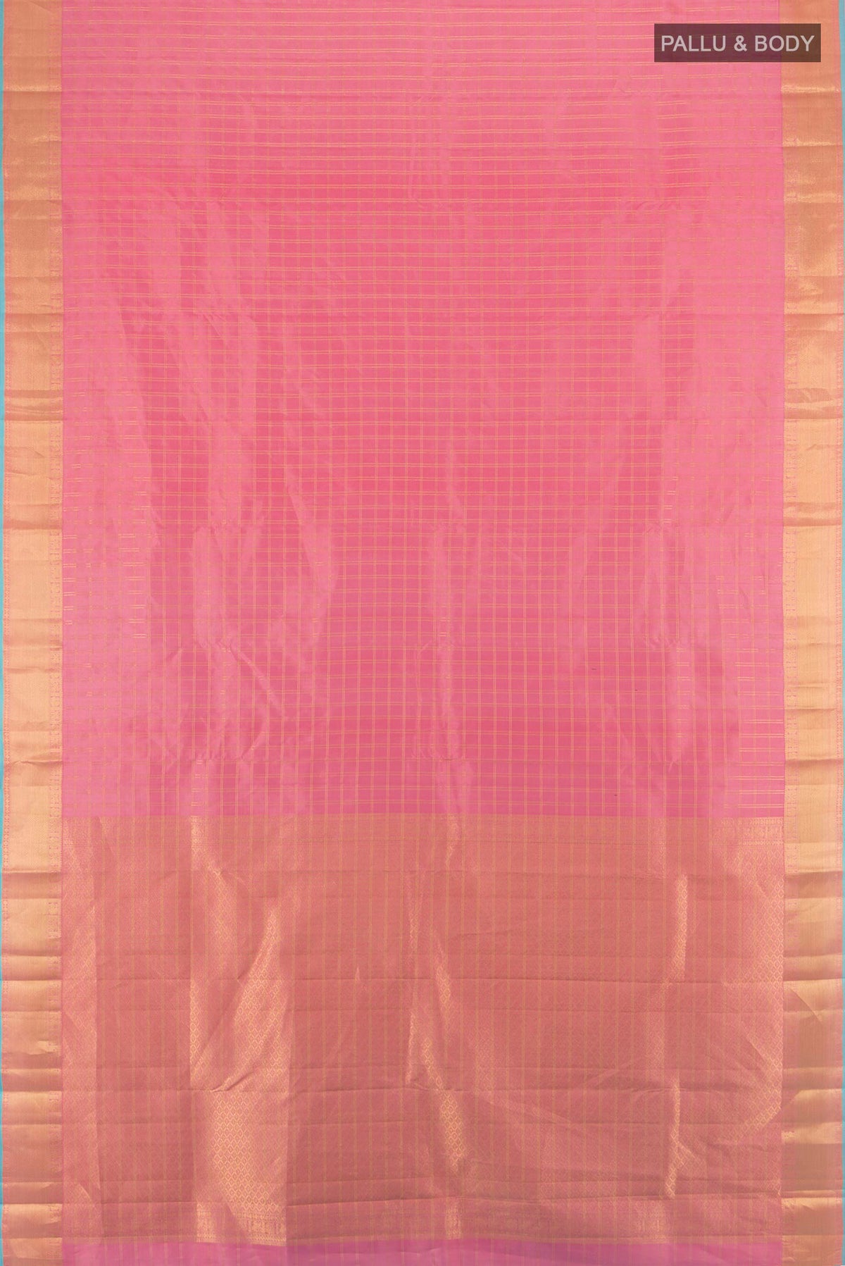 Flat view of Pure Silk Peach Kanchipuram Saree with Checked design on the body and Zari Border. 