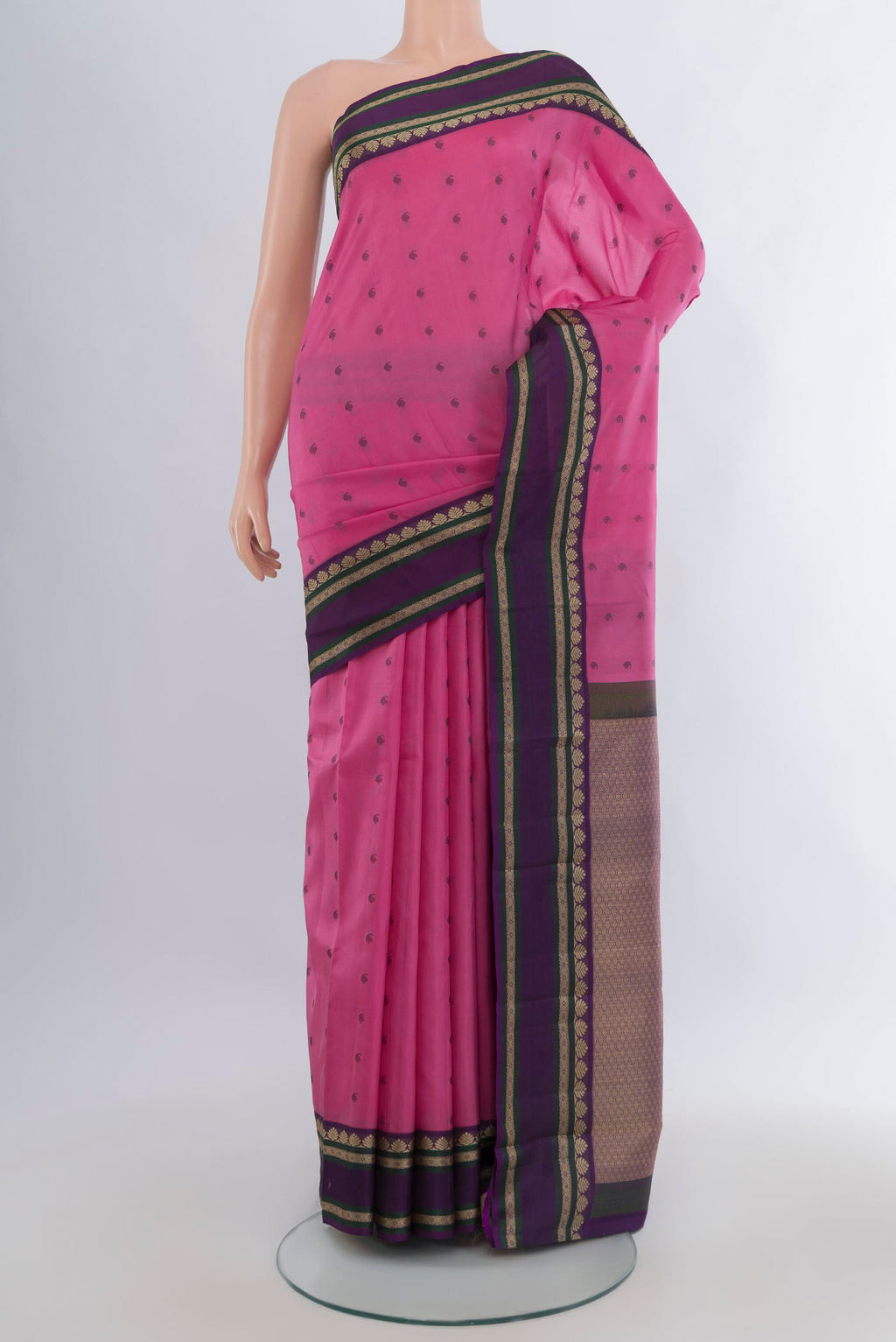 Pure Silk Rose pink Kanjivaram Saree with Thread Butta on the body and Thread Border.  displayed on a mannequin