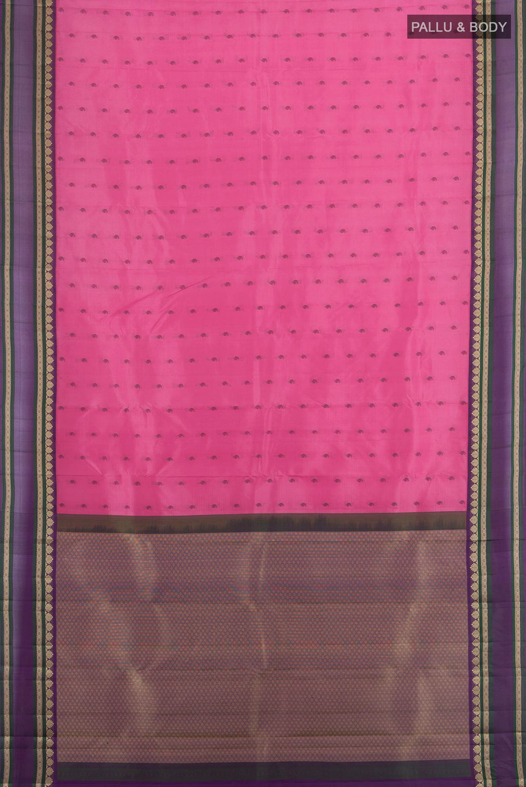 Flat view of Pure Silk Rose pink Kanjivaram Saree with Thread Butta on the body and Thread Border. 