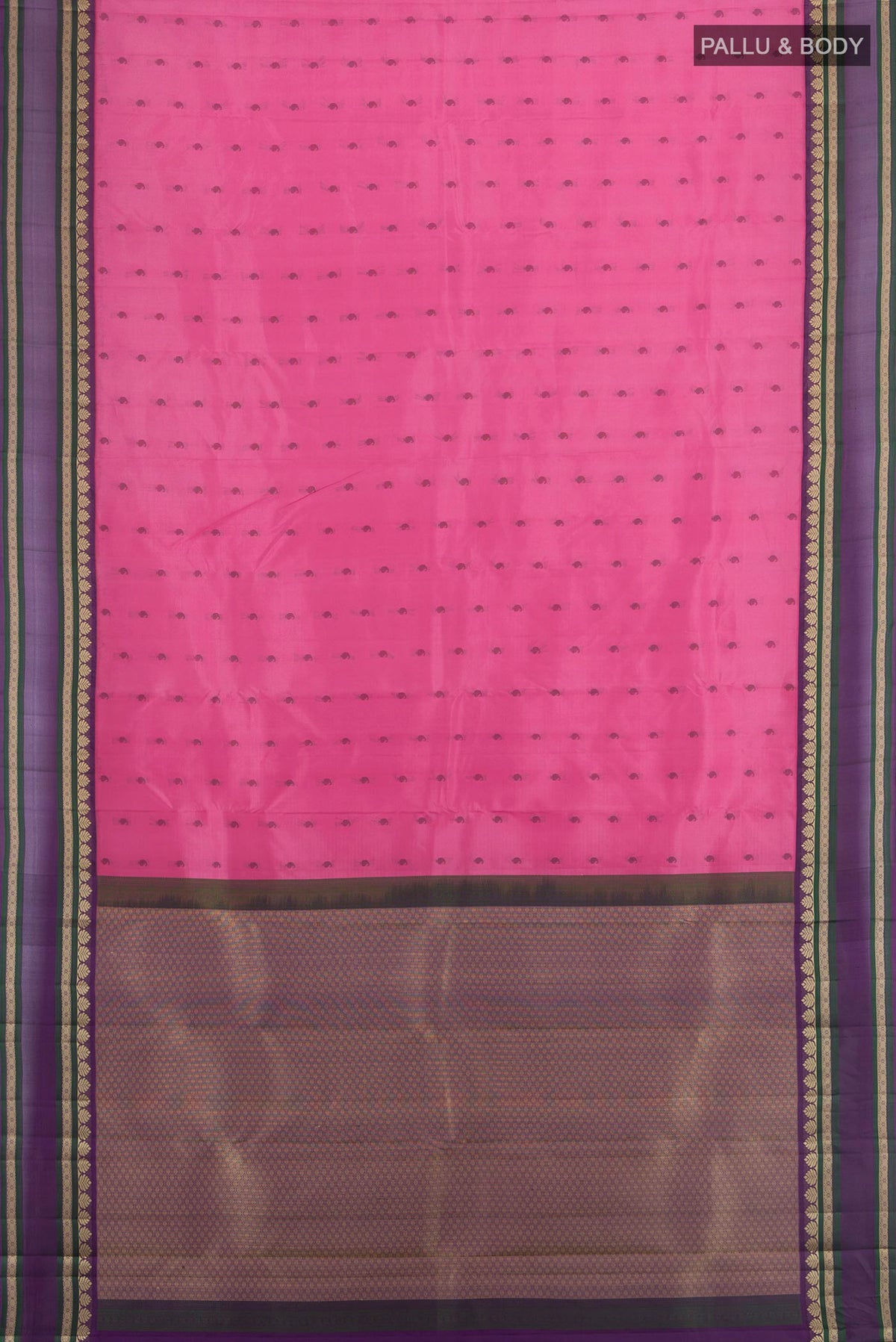 Flat view of Pure Silk Rose pink Kanjivaram Saree with Thread Butta on the body and Thread Border. 