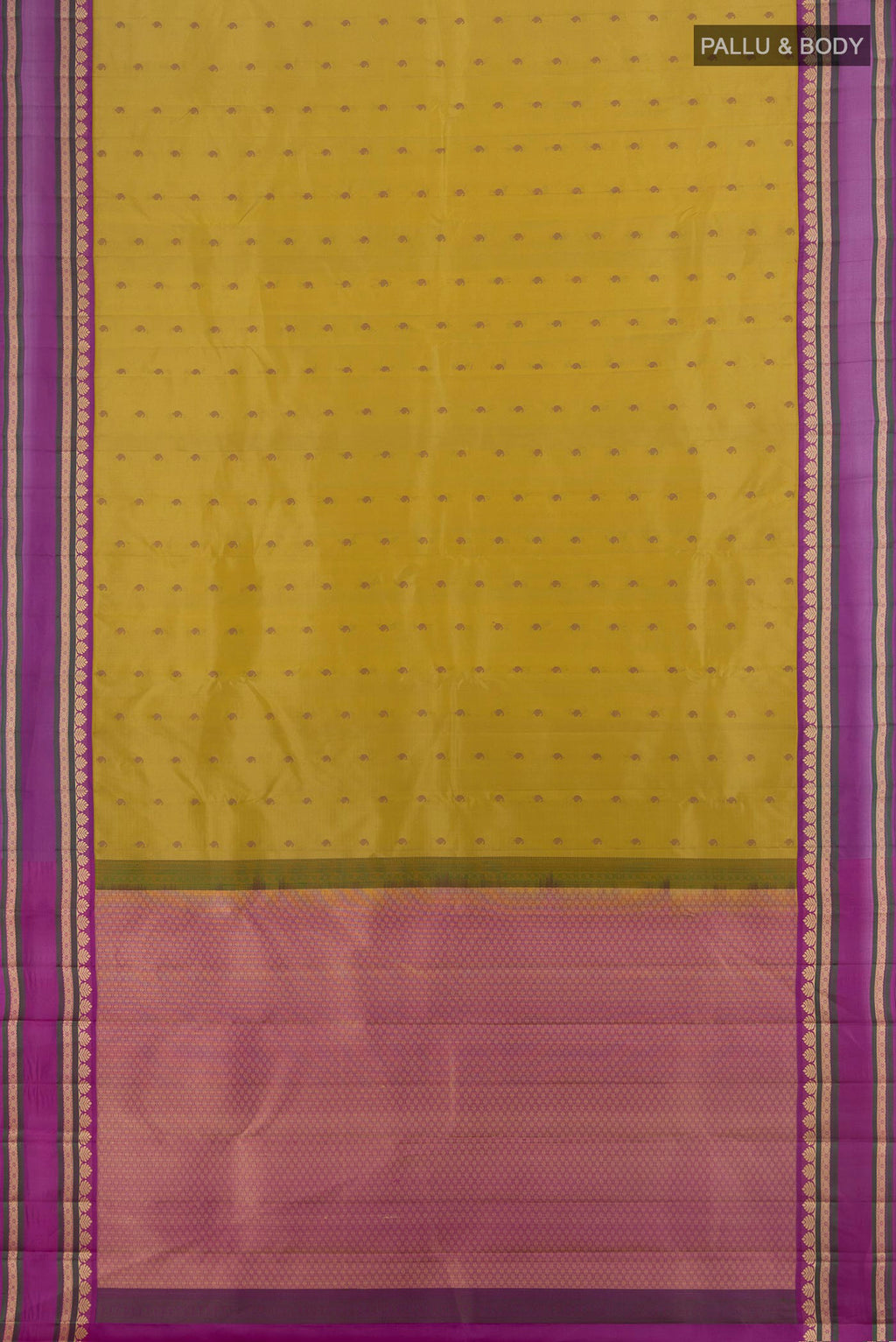 Flat view of Pure Silk Mustard Kanjivaram Saree with Thread Butta on the body and Thread Border. 