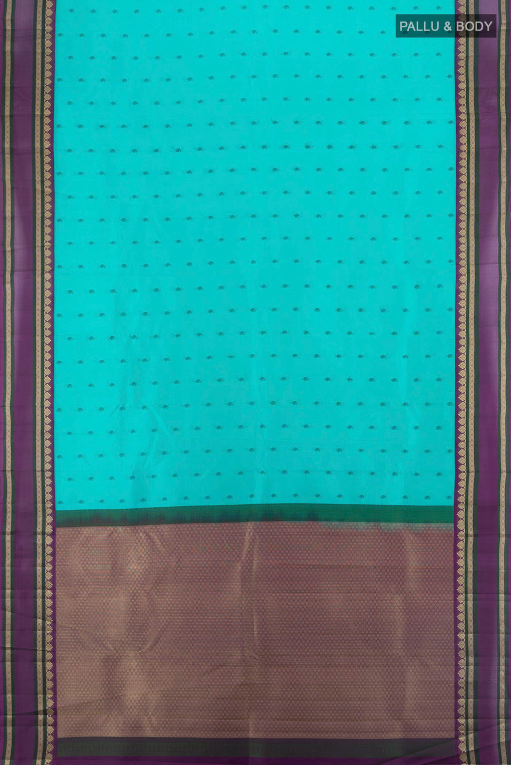 Flat view of Pure Silk Light Blue Kanjivaram Saree with Thread Butta on the body and Plain Border. 