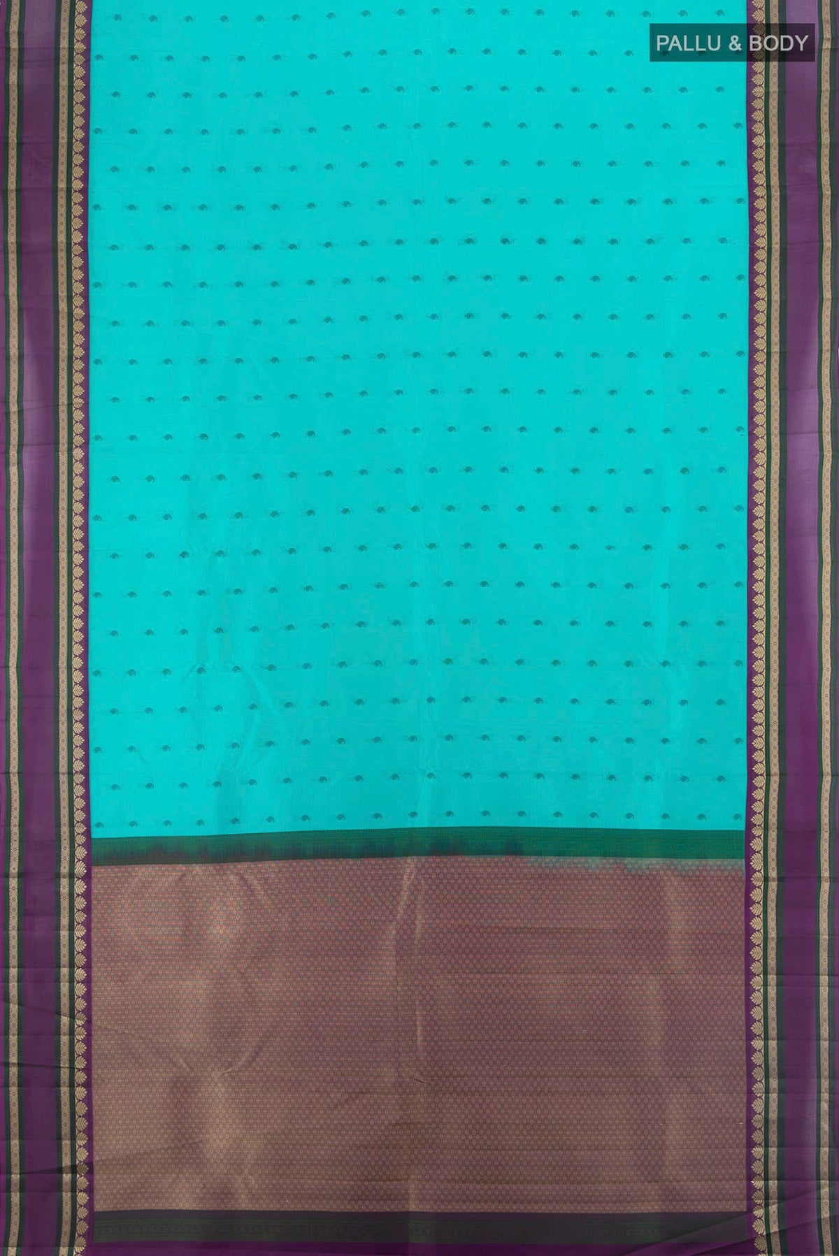 Flat view of Pure Silk Light Blue Kanjivaram Saree with Thread Butta on the body and Plain Border. 