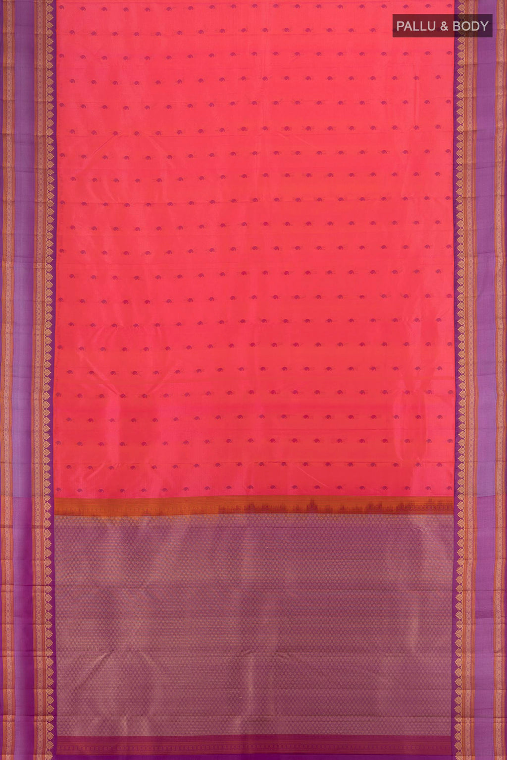Flat view of Pure Silk Coral Kanjivaram Saree with Thread Butta on the body and Thread Border. 