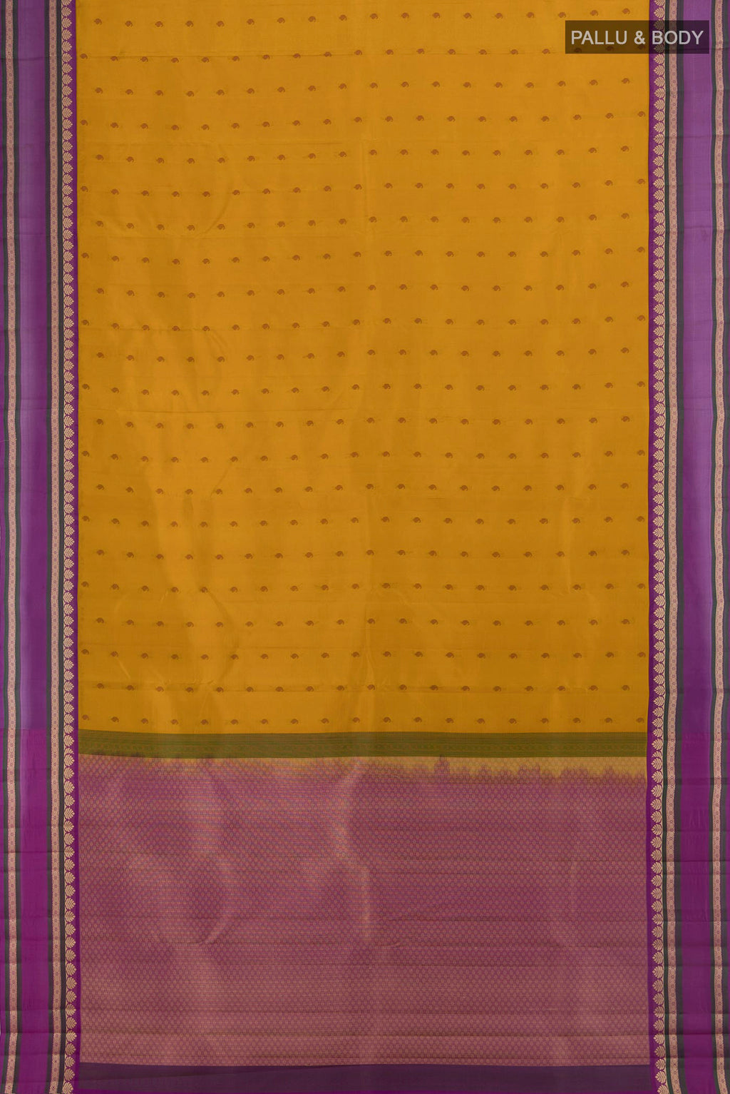 Flat view of Pure Silk Mustard Kanjivaram Saree with Thread Butta on the body and Thread Border. 