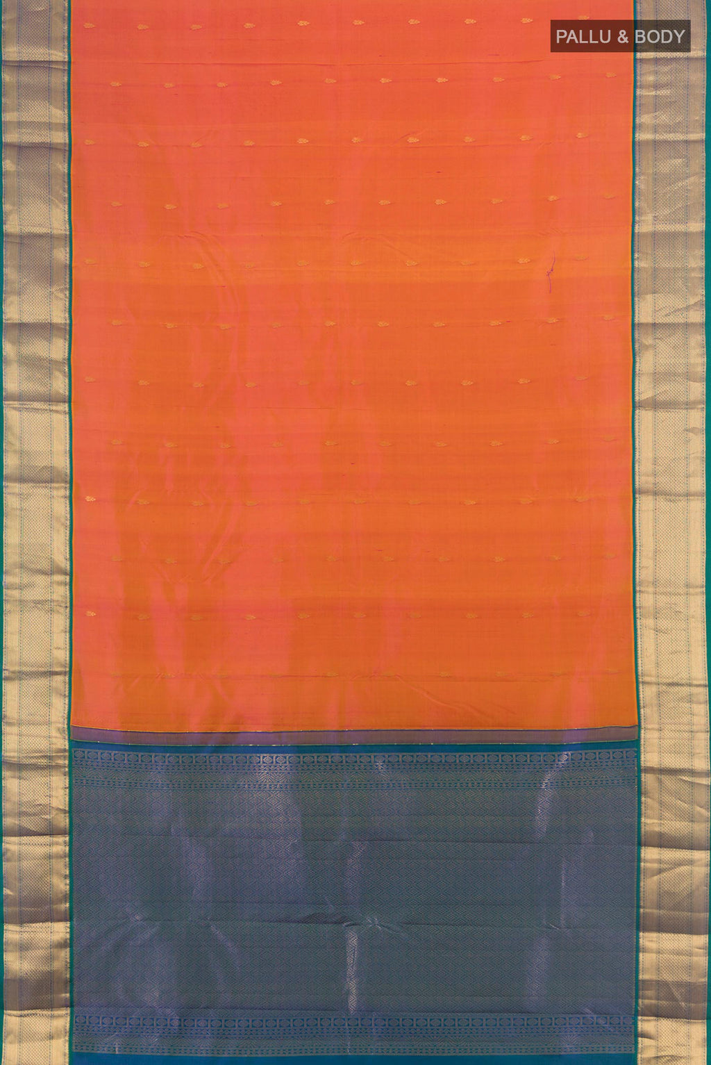 Flat view of Pure Silk Orange Kanjivaram Saree with Zari Butta on the body and Zari Border. 