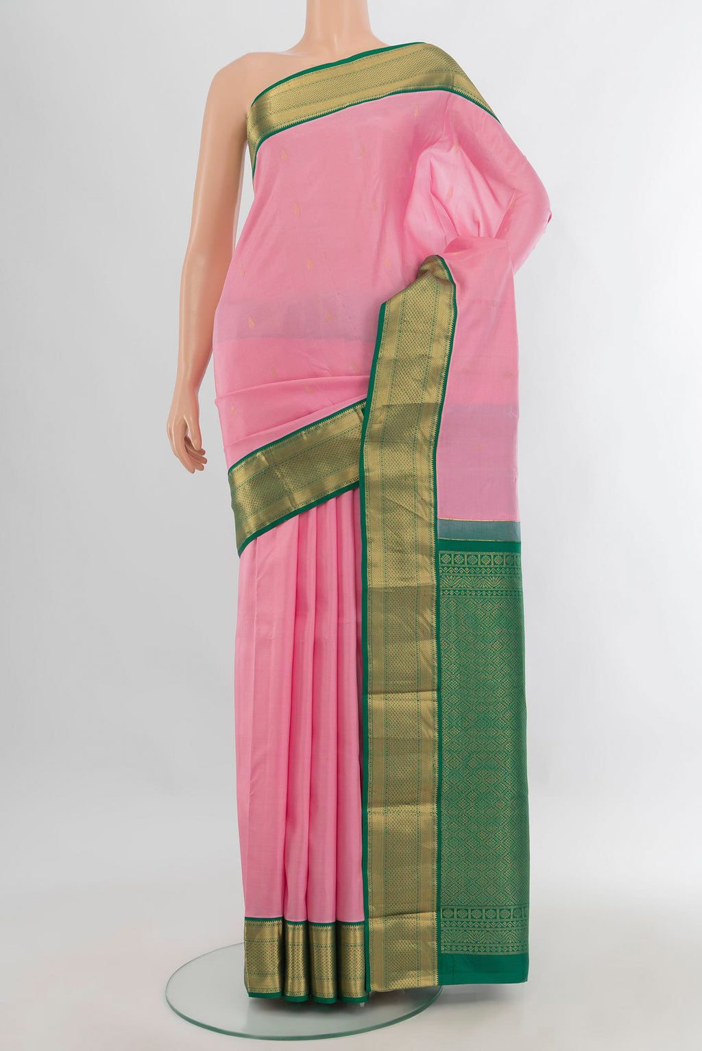 Pure Silk Rose pink Kanjivaram Saree with Zari Butta on the body and Zari Border.  displayed on a mannequin