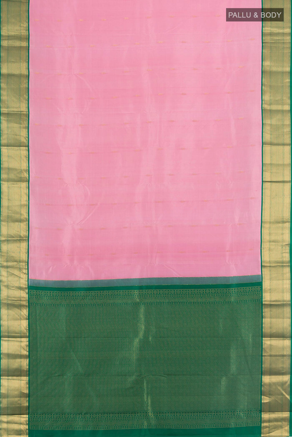 Flat view of Pure Silk Rose pink Kanjivaram Saree with Zari Butta on the body and Zari Border. 