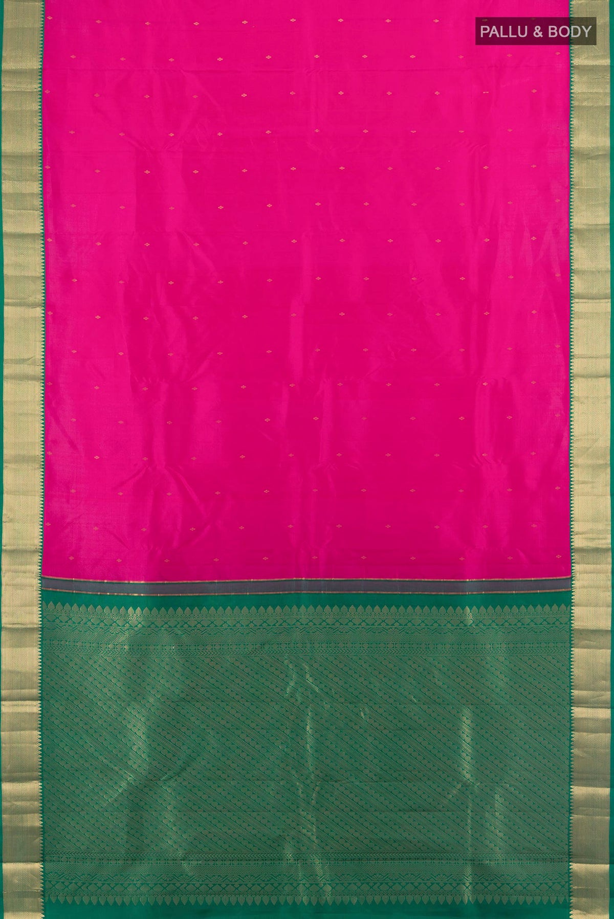 Flat view of Pure Silk Pink Kanjivaram Saree with Zari Butta on the body and Zari Border. 