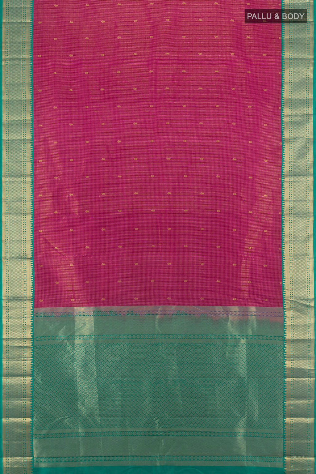 Flat view of Pure Silk Pink Kanjivaram Saree with Zari Butta on the body and Zari Border. 