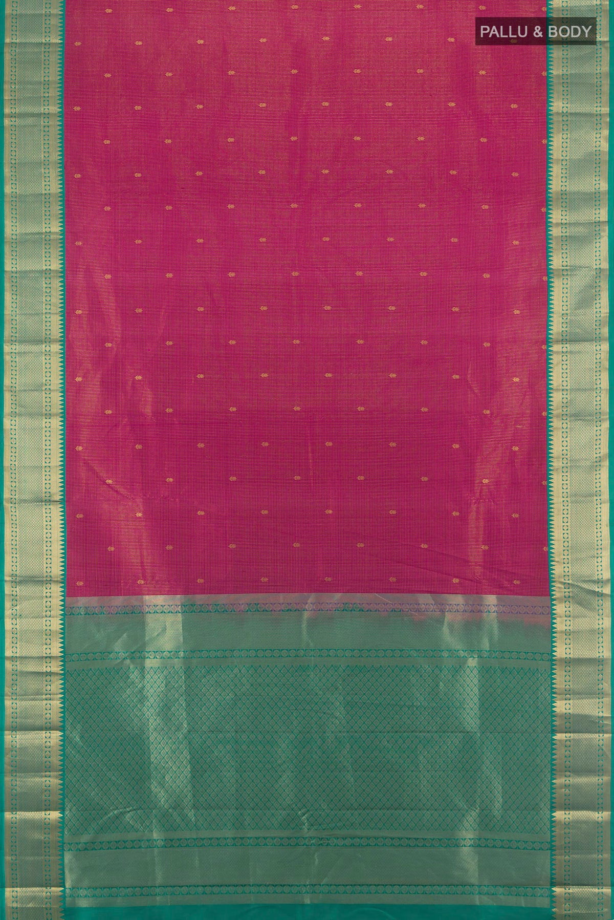 Flat view of Pure Silk Pink Kanjivaram Saree with Zari Butta on the body and Zari Border. 