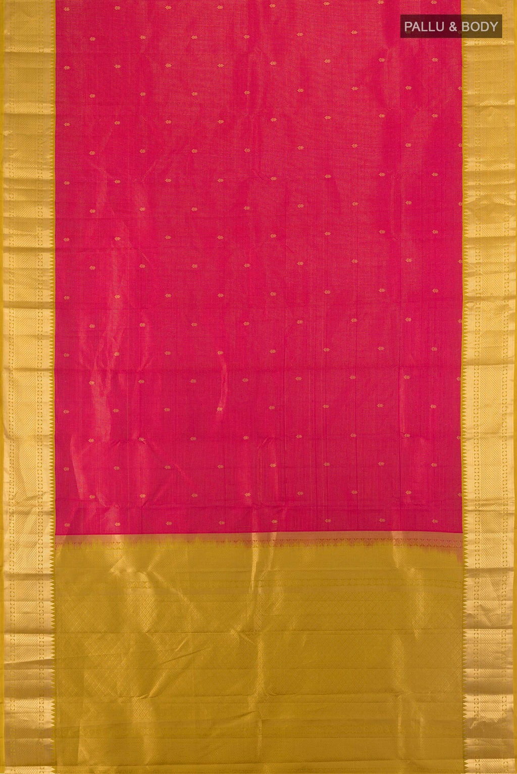 Flat view of Pure Silk Red Kanjivaram Saree with Zari Butta on the body and Zari Border. 