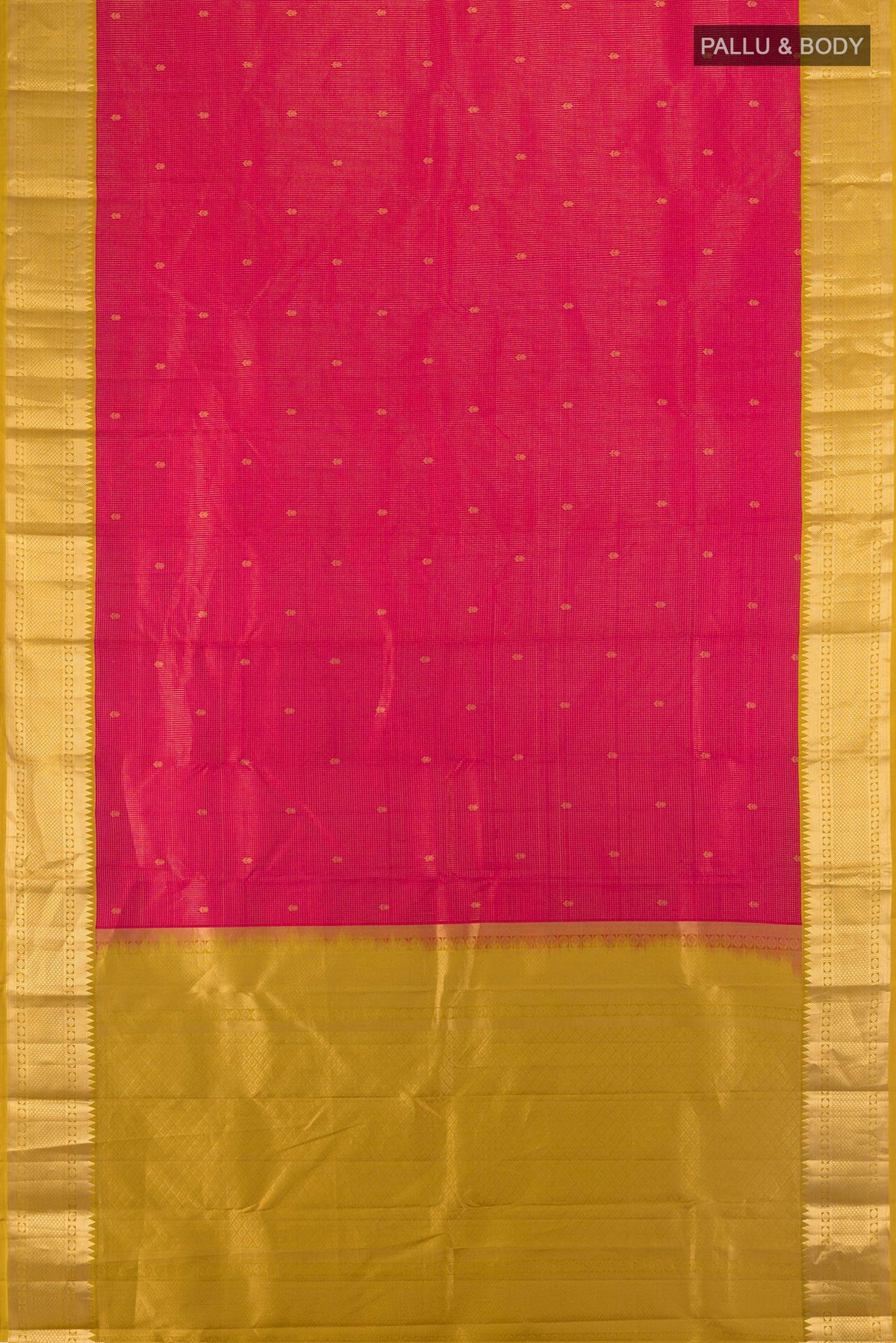 Flat view of Pure Silk Red Kanjivaram Saree with Zari Butta on the body and Zari Border. 