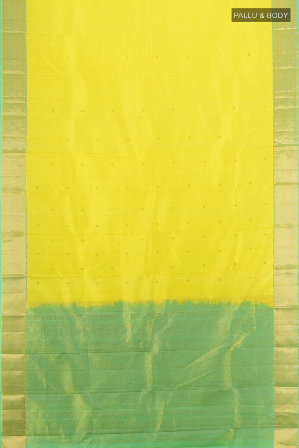 Flat view of Pure Silk Lemon Yellow Kanchipuram Saree with Zari Butta on the body and Zari Border. 