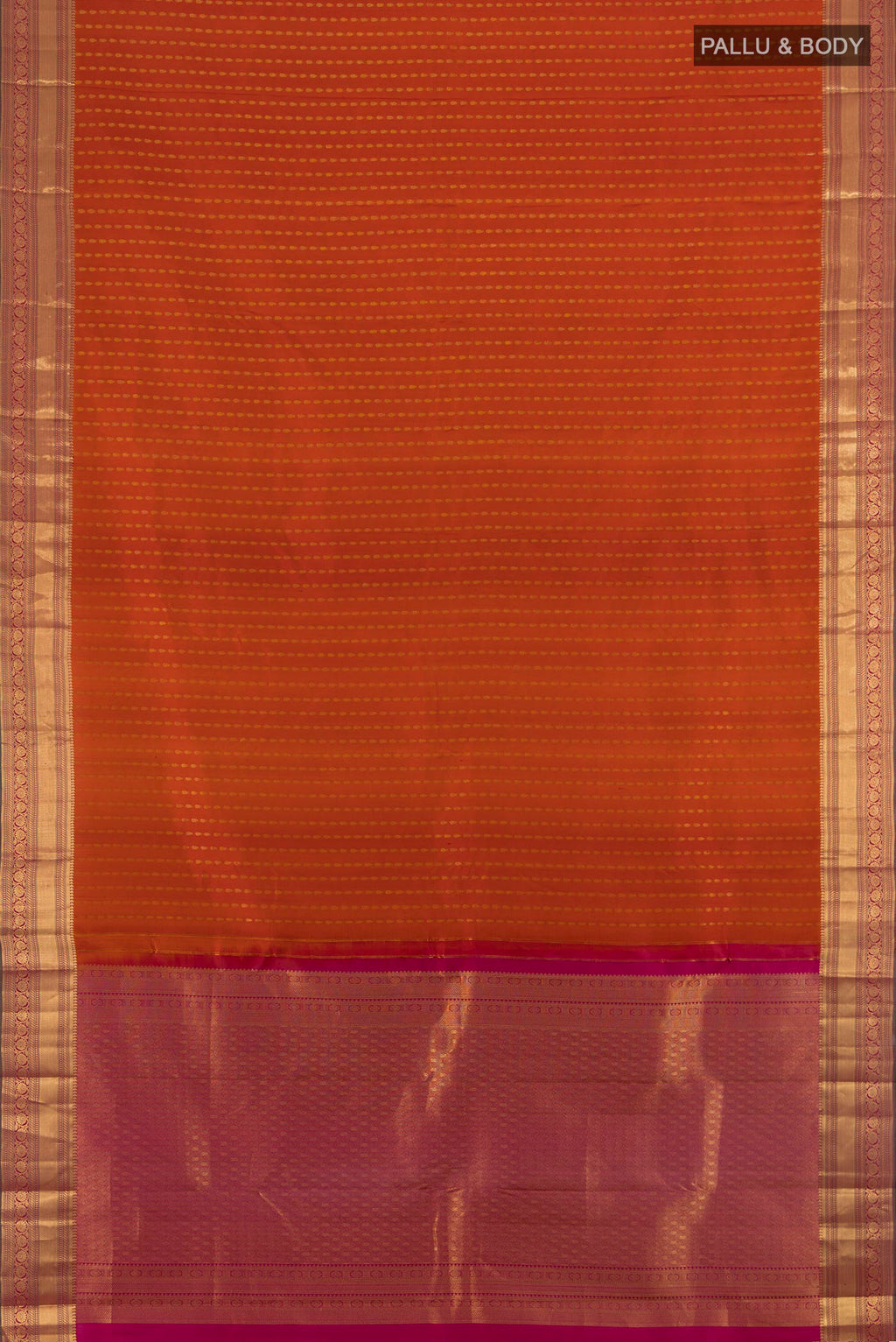 Flat view of Pure Silk Rust Kanchipuram Saree with Zari Butta on the body and Zari Border. 