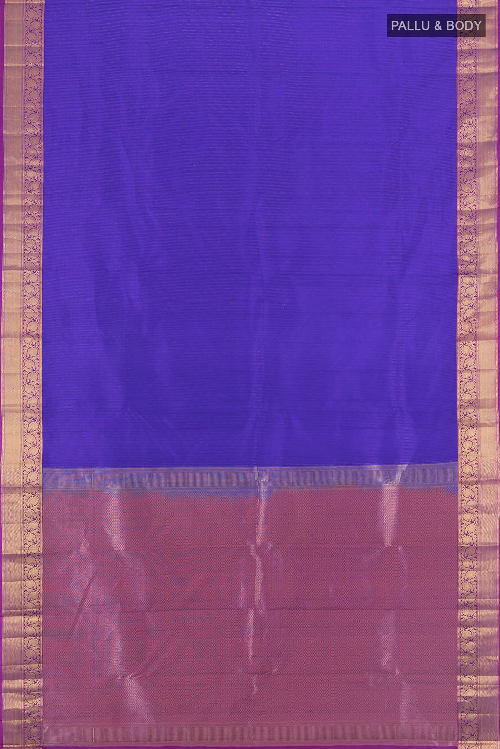 Flat view of Pure Silk Royal Blue Kanchipuram Saree with Stripes on the body and Zari Border. 