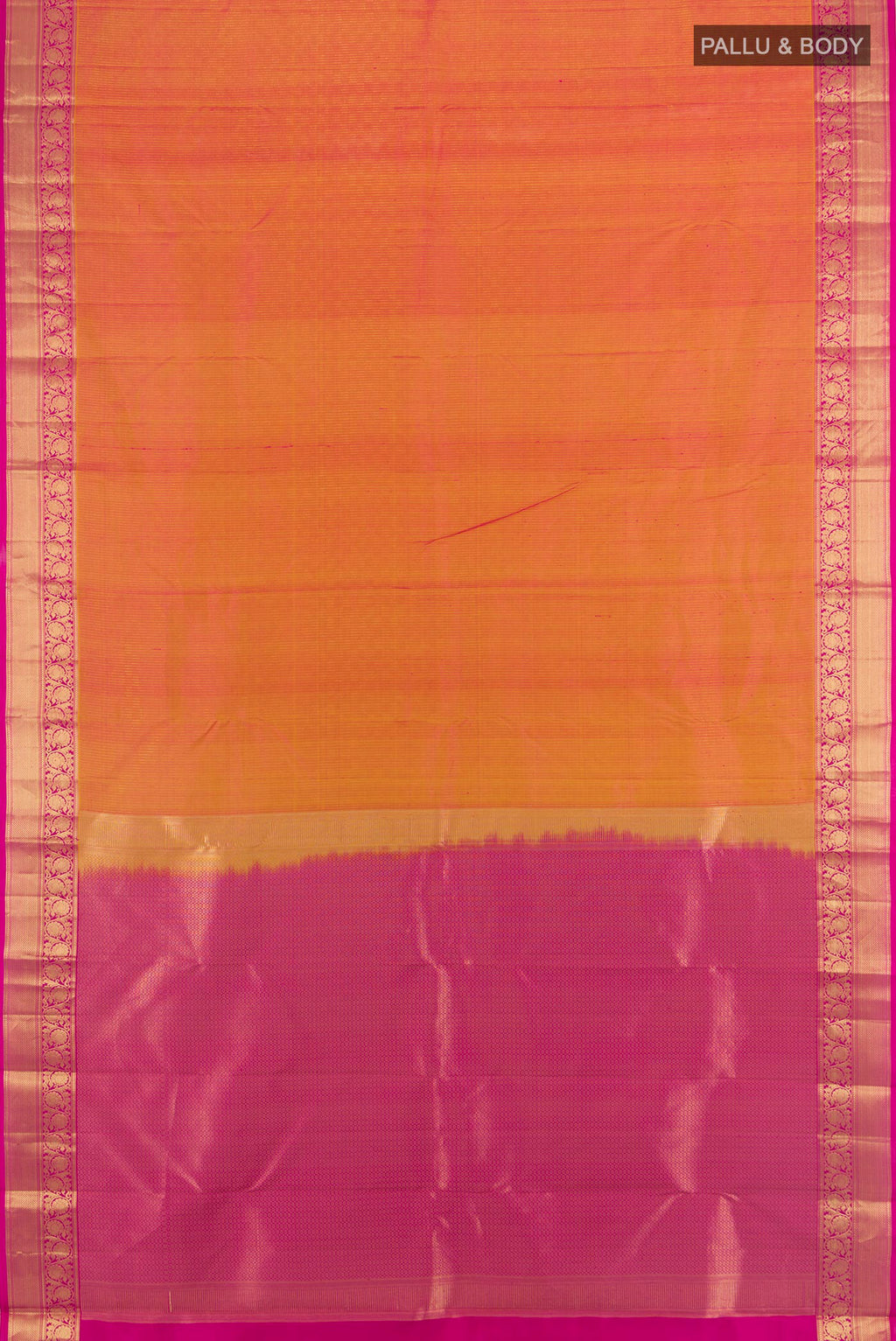 Flat view of Pure Silk Mustard Dual Tone Kanchipuram Saree with Zari Butta on the body and Zari Border. 