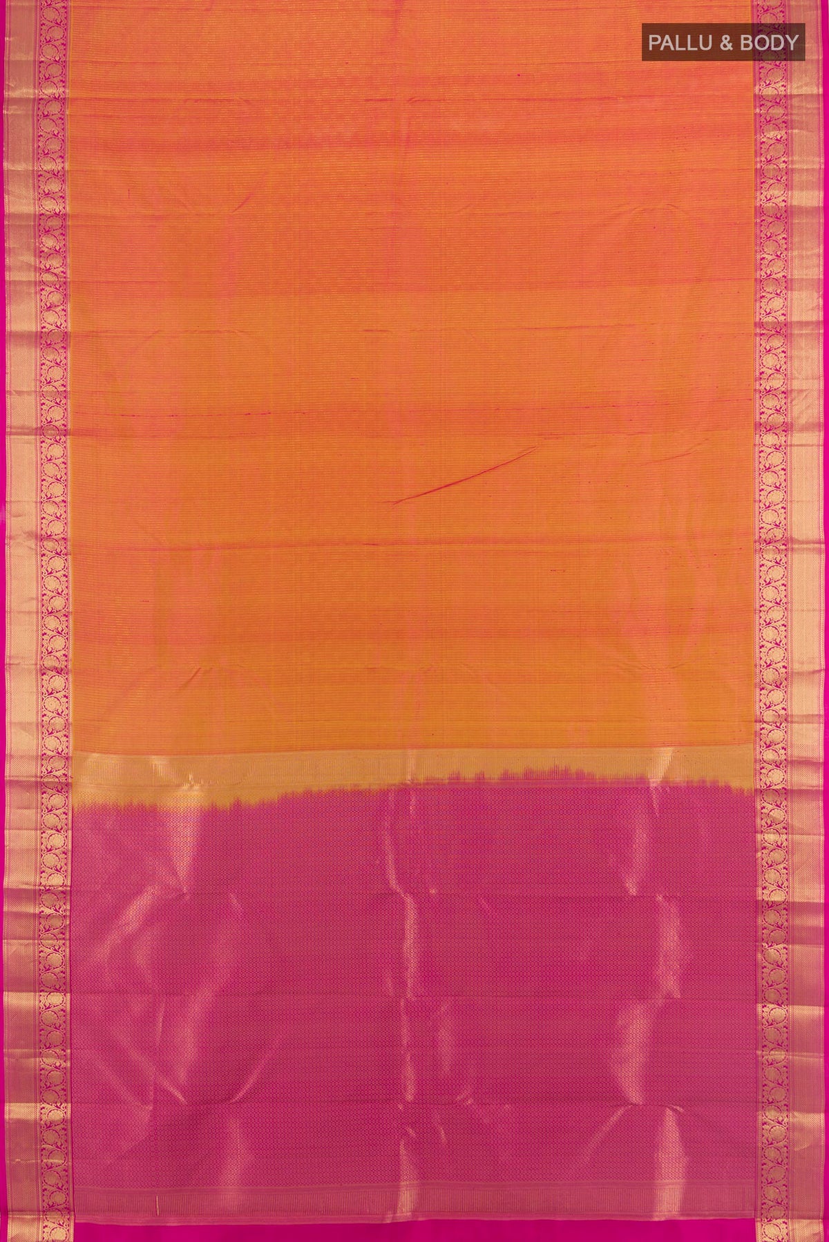 Flat view of Pure Silk Mustard Dual Tone Kanchipuram Saree with Zari Butta on the body and Zari Border. 