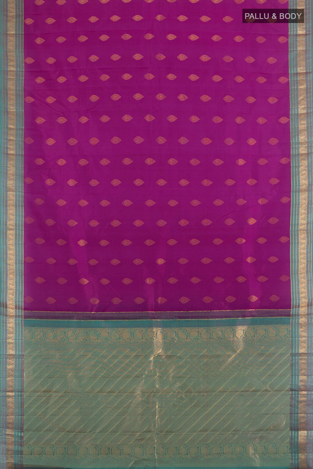 Flat view of Pure Silk Magenta Kanchipuram Saree with Zari Butta on the body and Zari Border. 