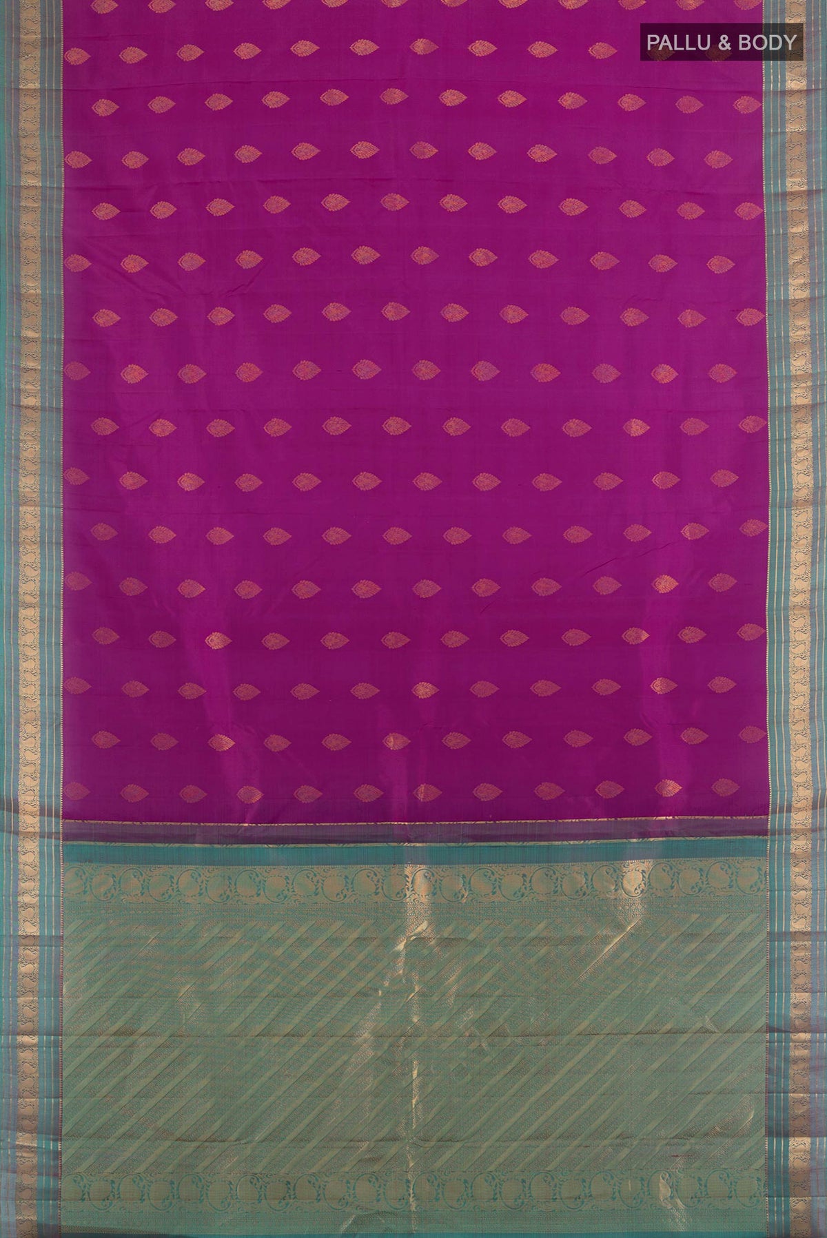 Flat view of Pure Silk Magenta Kanchipuram Saree with Zari Butta on the body and Zari Border. 