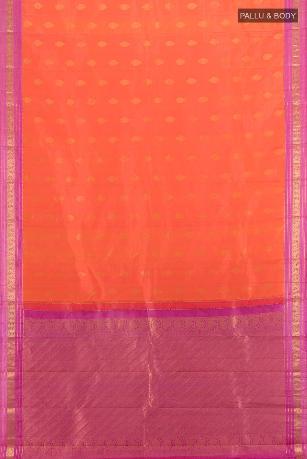 Flat view of Pure Silk Orange Kanchipuram Saree with Zari Butta on the body and Zari Border. 
