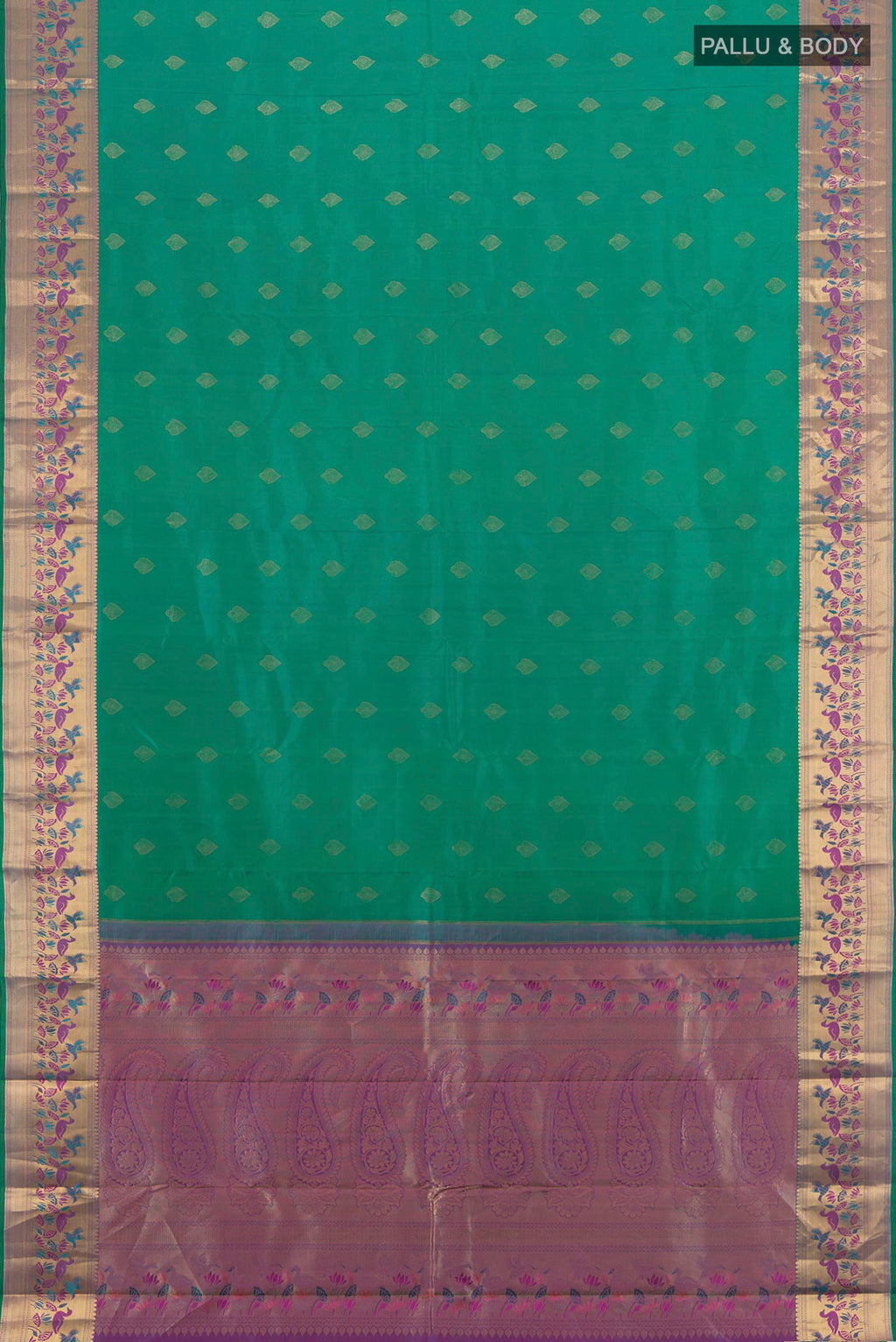 Flat view of Pure Silk Green Kanjivaram Saree with Zari Butta on the body and Zari Border. 