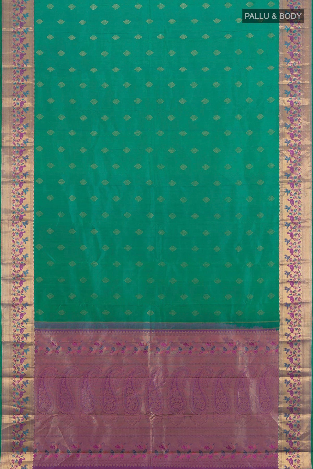 Flat view of Pure Silk Green Kanjivaram Saree with Zari Butta on the body and Zari Border. 