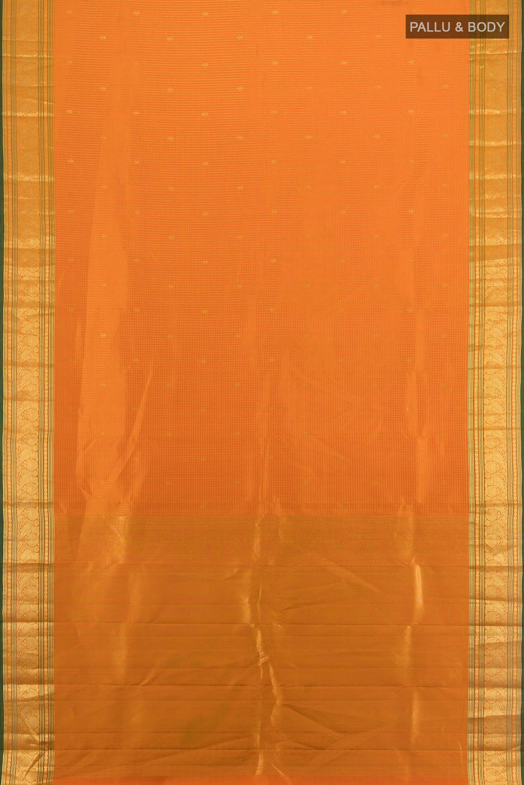 Flat view of Pure Silk Orange Kanchipuram Saree with Checked design on the body and Zari Border. 