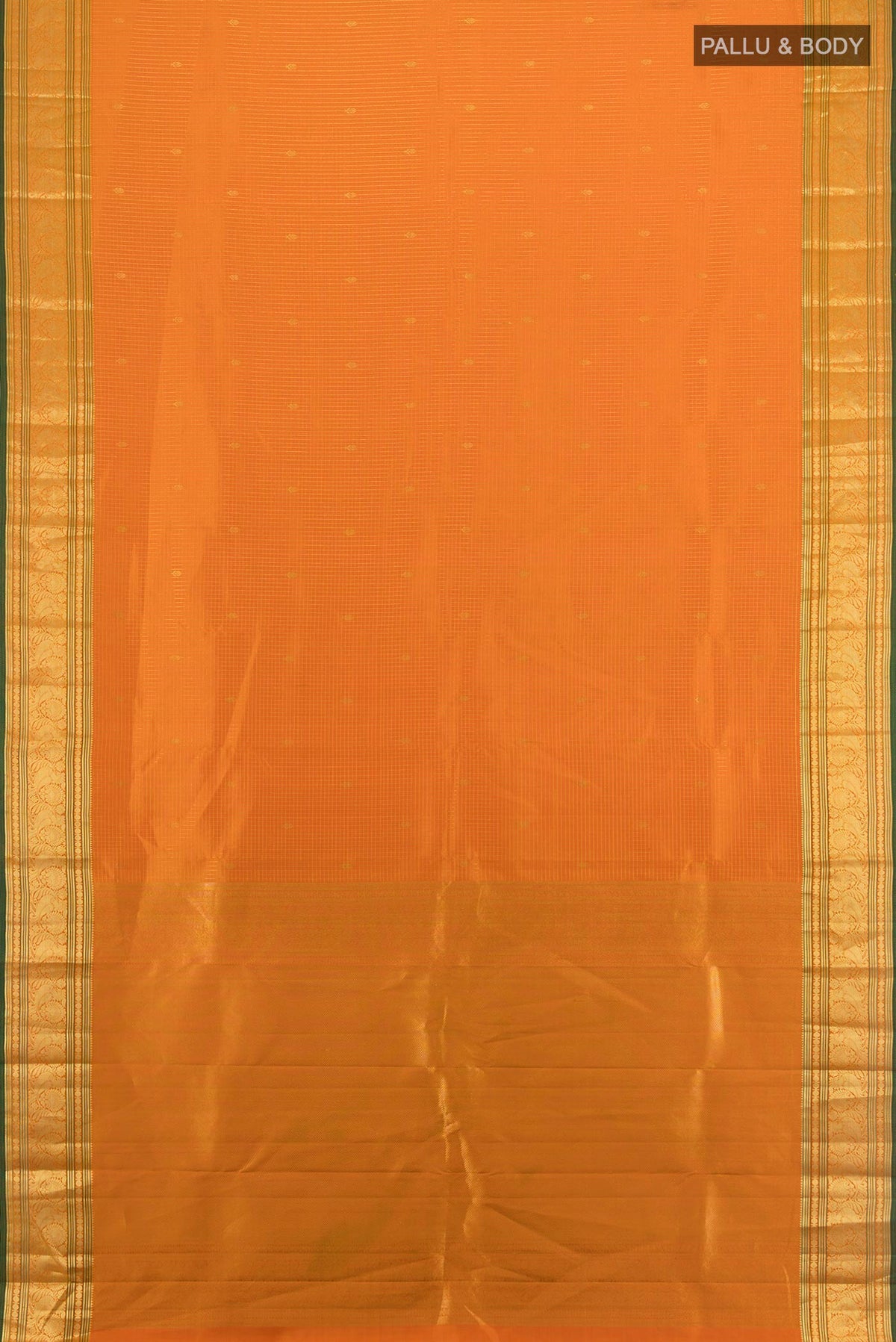 Flat view of Pure Silk Orange Kanchipuram Saree with Checked design on the body and Zari Border. 