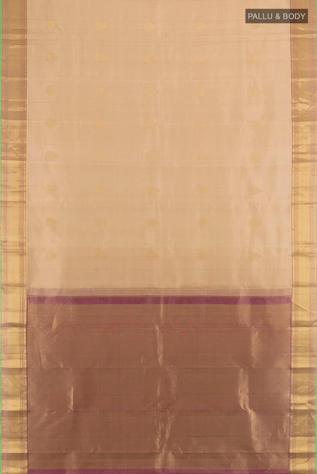 Flat view of Pure Silk Dark Beige Kanchipuram Saree with Zari Butta on the body and Zari Border. 
